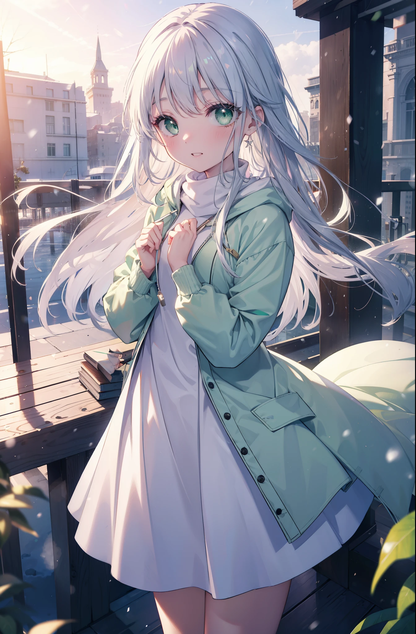 index, index, (green eyes:1.5), silver hair, long hair,smile, (flat chest:1.2),blush,smile,open your mouth,white long hoodie,gray long skirt,sneakers,Both hands are in the pockets of the hoodie,winter,cold sky,that'It's snowing,morning,morning日,日の出
break looking at viewer, Upper body, whole body,
break outdoors, garden,
break (masterpiece:1.2), highest quality, High resolution, unity 8k wallpaper, (shape:0.8), (fine and beautiful eyes:1.6), highly detailed face, perfect lighting, Very detailed CG, (perfect hands, perfect anatomy),