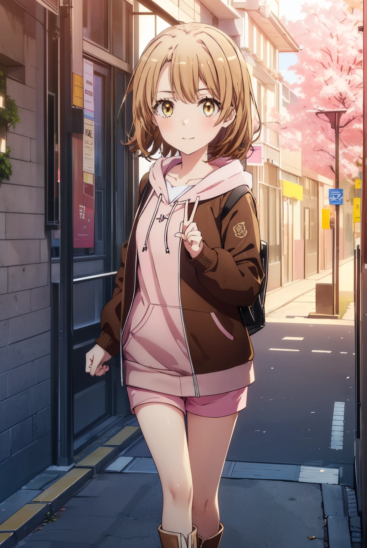 irohaisshiki, iroha isshiki, short hair, brown hair, (brown eyes:1.5), blush,smile,open your mouth,Peace sign at the mouth,Pink hoodie wearing a hood,shorts,Yellow tights,short boots,Standing with your back against the wall、
break indoors, Cherry blossom tree-lined path,
break looking at viewer,
break (masterpiece:1.2), highest quality, High resolution, unity 8k wallpaper, (figure:0.8), (detailed and beautiful eyes:1.6), highly detailed face, perfect lighting, Very detailed CG, (perfect hands, perfect anatomy),