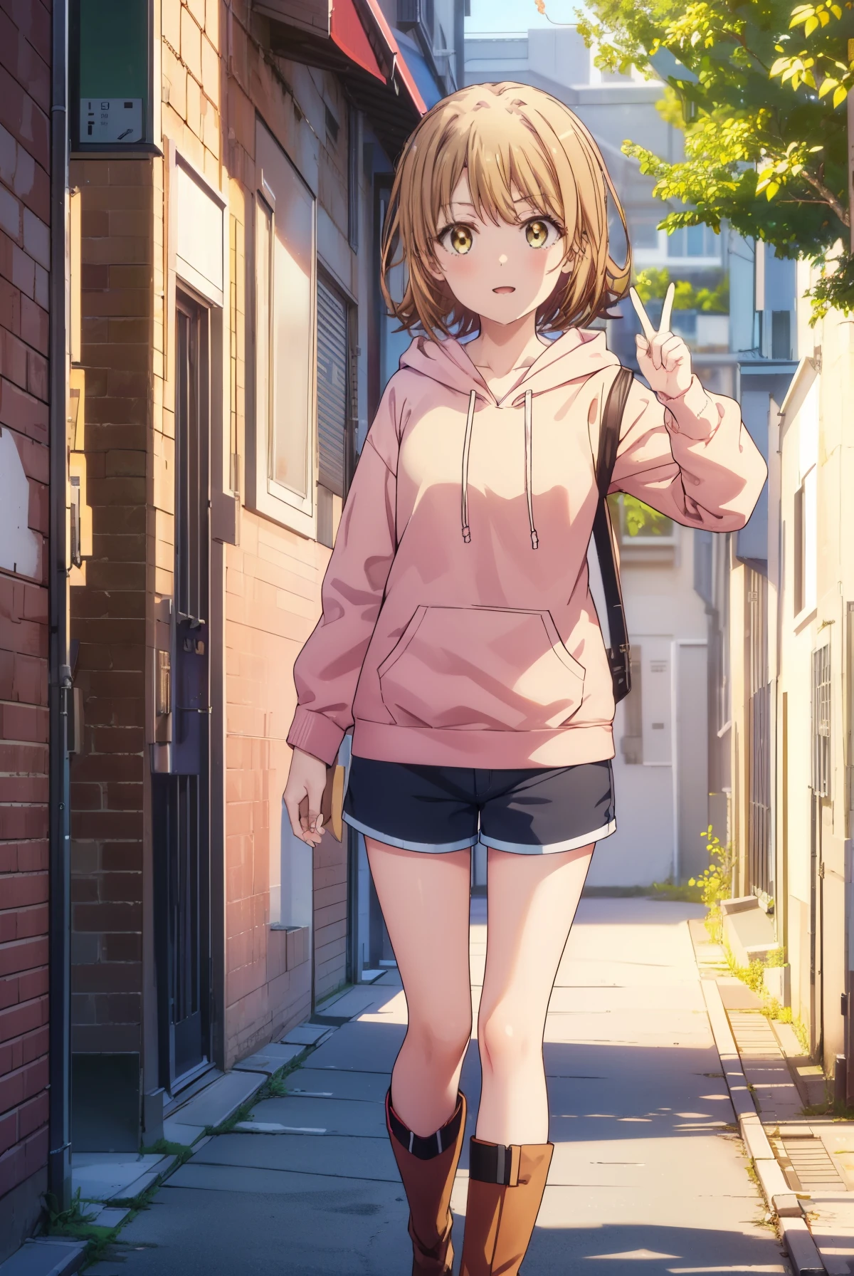 irohaisshiki, iroha isshiki, short hair, brown hair, (brown eyes:1.5), blush,smile,open your mouth,Peace sign at the mouth,Pink hoodie wearing a hood,shorts,Yellow tights,short boots,Standing with your back against the wall、
break indoors, Cherry blossom tree-lined path,
break looking at viewer,
break (masterpiece:1.2), highest quality, High resolution, unity 8k wallpaper, (figure:0.8), (detailed and beautiful eyes:1.6), highly detailed face, perfect lighting, Very detailed CG, (perfect hands, perfect anatomy),