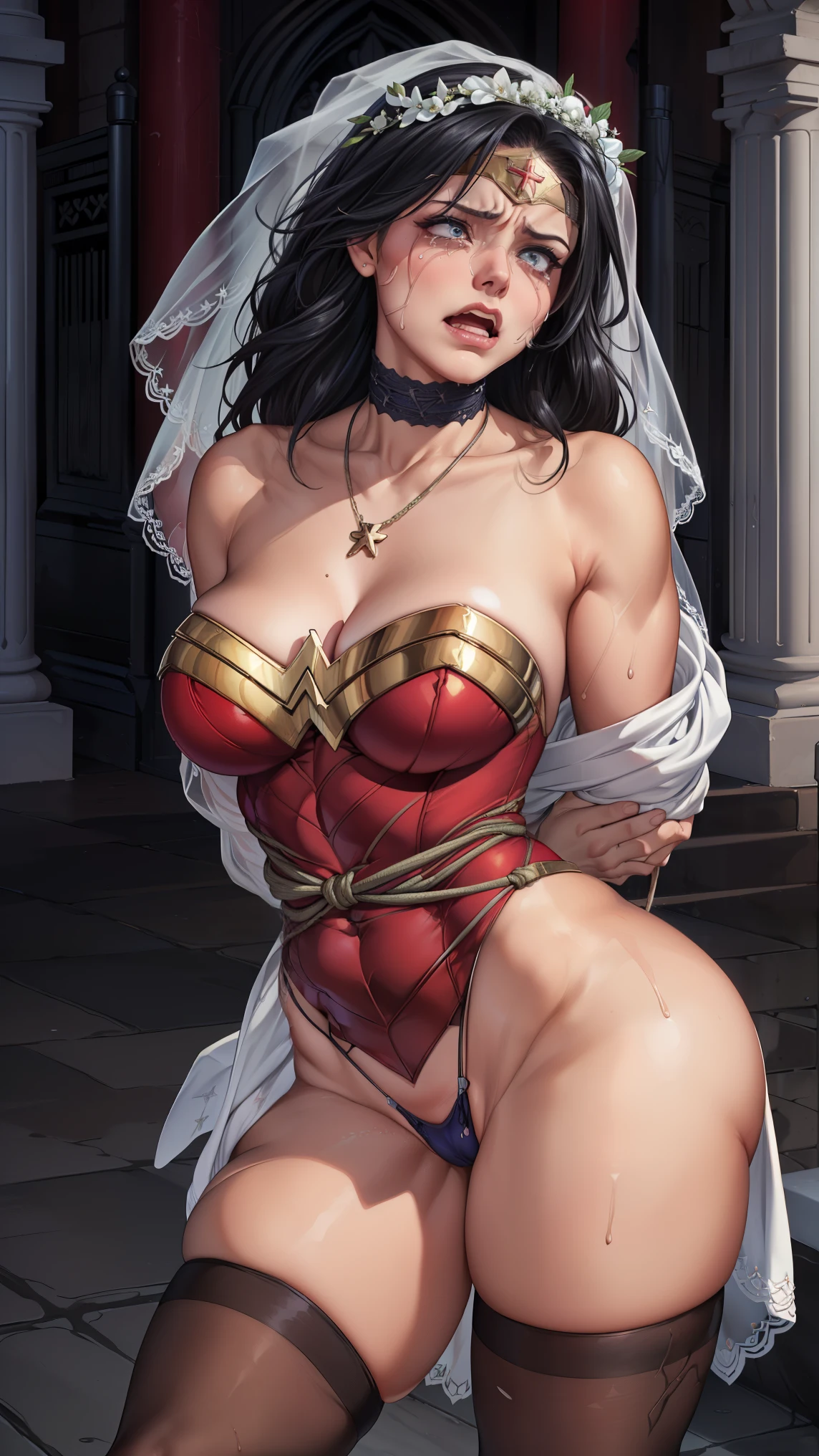 SUPERHEROINE WONDER WOMAN esta vestindo lingerie rendada branca, white lace pantyhose, sapatos high heels brancos, wearing wedding veil, usando grinalda, ((SHE is at the altar of a church, esbofetiada na cara))), ((Socada no estomago, chutada nas costas)) ,((SUPERHEROINE wonder woman wearing wedding veil and wreath)), ((emotional expression,expression of pain and despair, gritando de dor, expression of suffering, eyes widewonder Wonder is standing, on tiptoe), (She's crying a lot, ela tem cabelo preto, ela tem cabelo longo)), ((She wears a thick metal necklace around her neck..)), (obra-prima, melhor qualidade) 1.5, 1 garota, sozinho, (sexy, mulher bonita, rosto perfeito, olhos perfeitos), corpo inteiro. ((She is wearing white starry lace panties)), tears running down your face)), ((Mulher Maravilha em cativeiro, arms tied behind the back, shibari, hands tied behind the back,painful restraint by ropes), (((emotional expression,expression of pain and despair, gritando de dor, expression of suffering, olhos arregalados, expression of fear))).