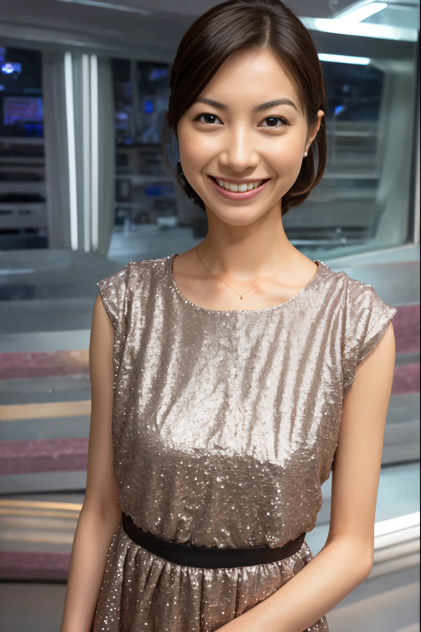 1girl,(wearing a sleeveless glittery evening dress:1.2),(RAW photo, best quality), (realistic, photo-realistic:1.4), masterpiece, an extremely delicate and beautiful, extremely detailed, 2k wallpaper, Amazing, finely detail, extremely detailed CG unity 8k wallpaper, ultra-detailed, highres, soft light, beautiful detailed girl, extremely detailed eyes and face, beautiful detailed nose, beautiful detailed eyes,cinematic lighting,city lights at night,perfect anatomy,smiling