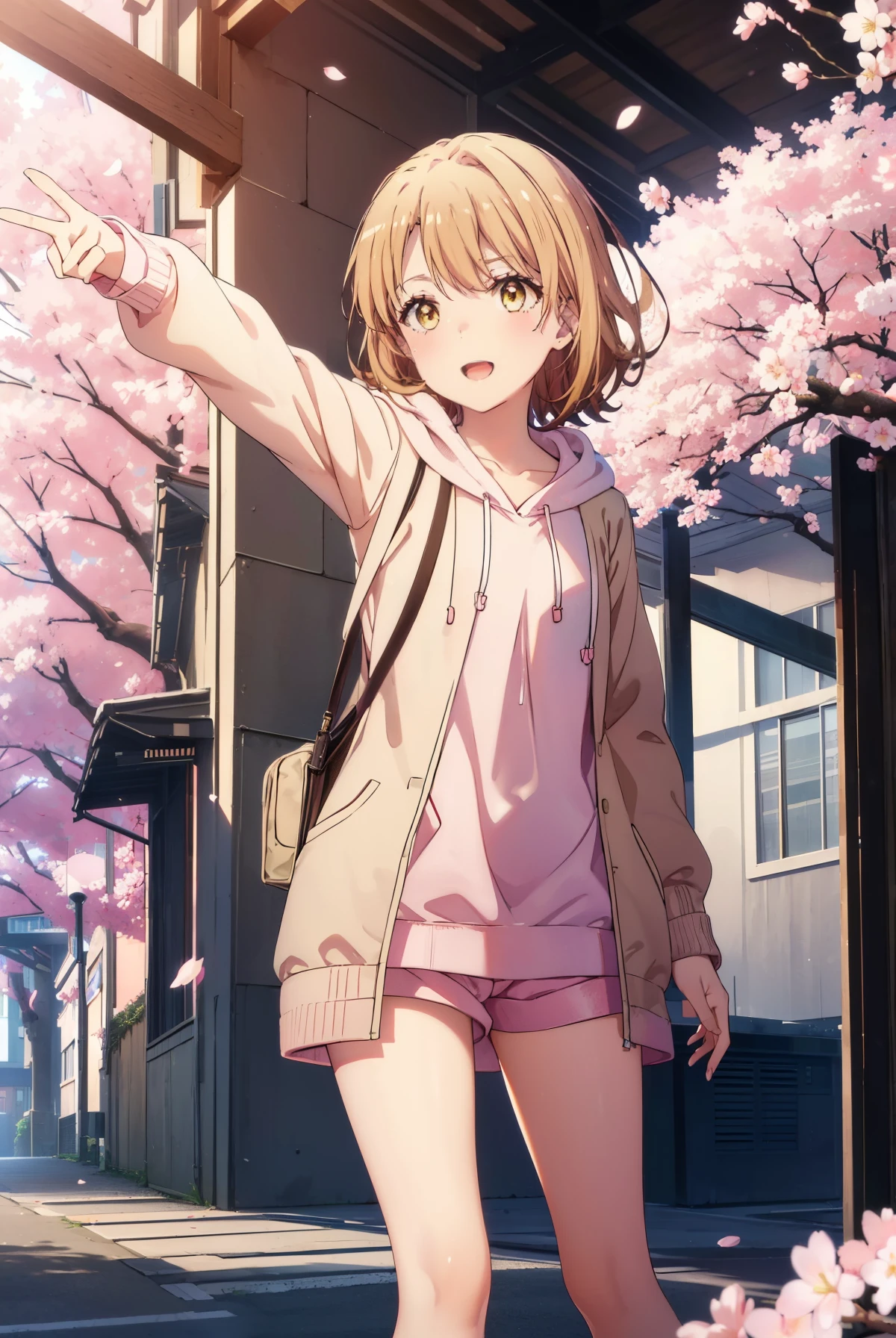 irohaisshiki, iroha isshiki, short hair, brown hair, (brown eyes:1.5), blush,smile,open your mouth,Peace sign at the mouth,Pink hoodie wearing a hood,shorts,Yellow tights,short boots,standing with one's back against the wall、cherry blossoms are blooming,Cherry blossoms are scattered,pink scenery,
break indoors, Cherry blossom tree-lined path,
break looking at viewer,
break (masterpiece:1.2), highest quality, High resolution, unity 8k wallpaper, (figure:0.8), (detailed and beautiful eyes:1.6), highly detailed face, perfect lighting, Very detailed CG, (perfect hands, perfect anatomy),
