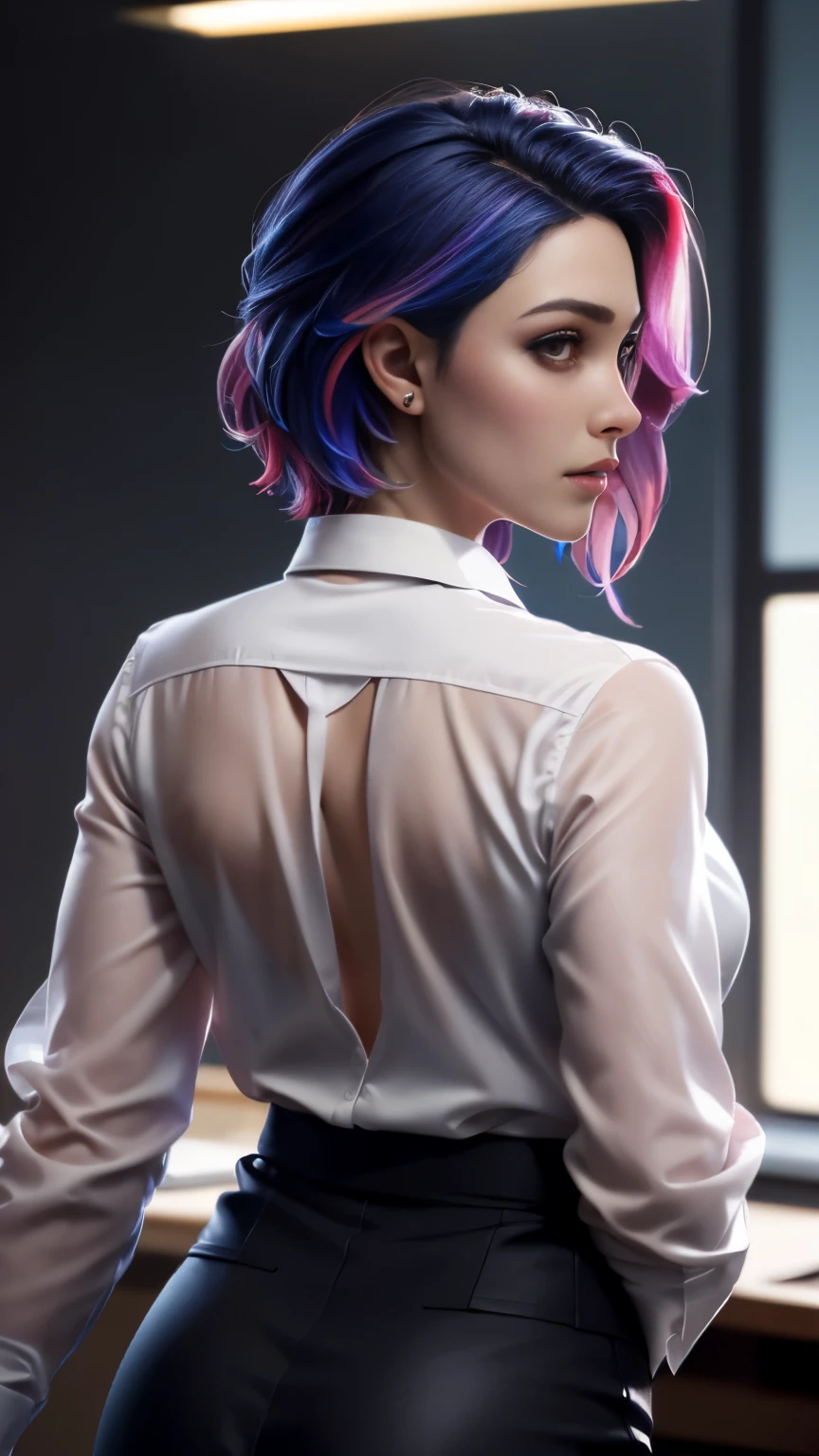photo of celebrity, RAW, beautiful woman, ((portrait)), ((detailed face, colorful rainbow hair:1.2)), ((detailed facial feature, detailed skin, clear skin, parted lips), (perfect proportioned body, medium breasts), (wearing business attire, open opaque shirt, sexy skirt: 1.5)), (high detailed office building, her back to us, backview, Turn Back, Back shot,: 1.3), (realistic photo, best quality, detailed), (8k wallpaper), (cinematic lighting, dramatic lighting) (sharp focus, intricate)