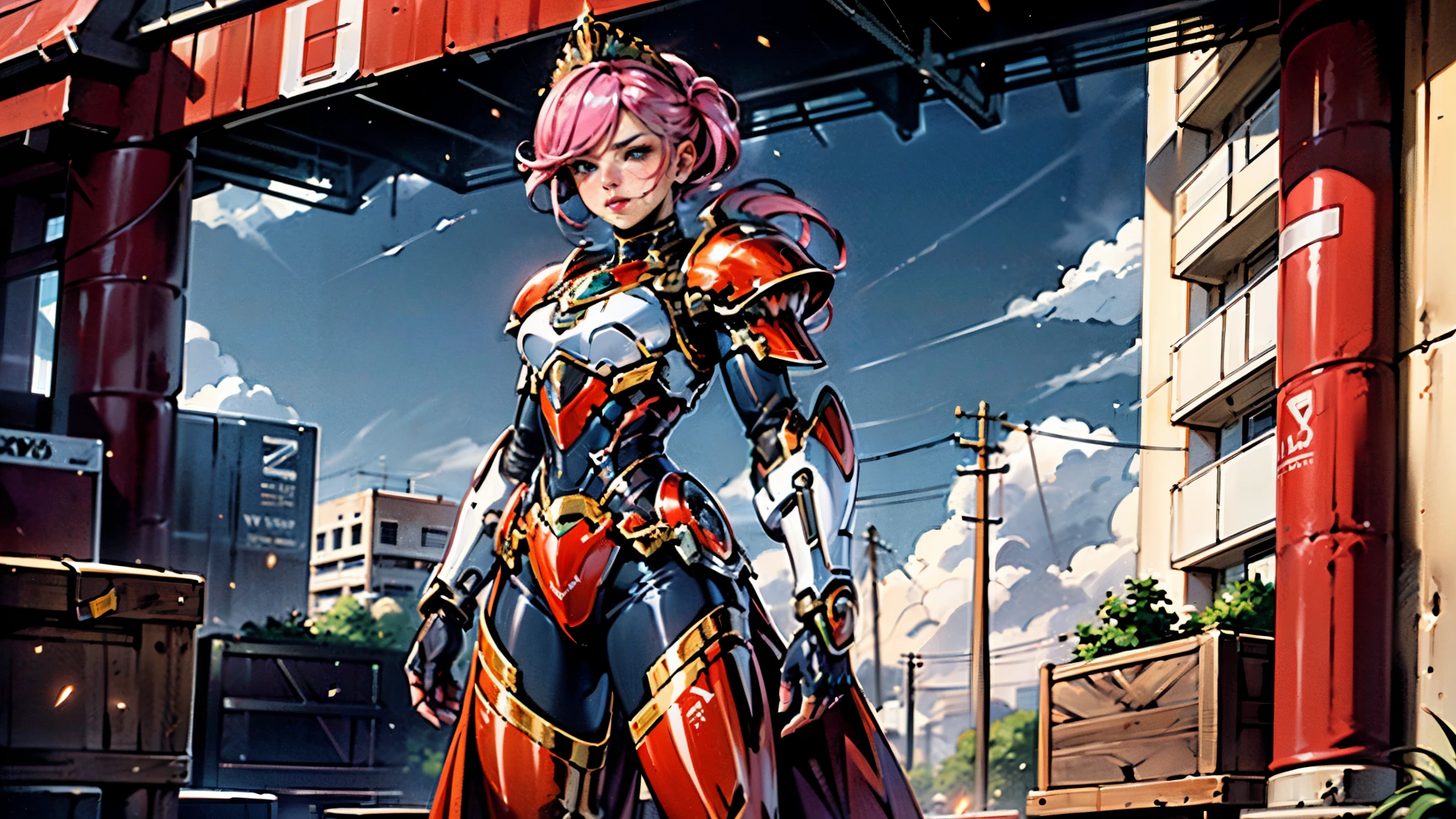 A woman adorned in fantasy-style full-body armor, a crown-concept fully enclosed helmet that unveils only her eyes, a composite layered chest plate, fully encompassing shoulder and hand guards, a lightweight waist armor, form-fitting shin guards, the overall design is heavy-duty yet flexible, ((the armor gleams with a golden glow, complemented by red and blue accents)), exhibiting a noble aura, she floats above a fantasy-surreal high-tech city, this character embodies a finely crafted fantasy-surreal style armored hero in anime style, exquisite and mature manga art style, (Queen bee mixed with Spider concept Armor, plasma, blood), ((Element, energy, elegant, goddess, femminine:1.5)), metallic, high definition, best quality, highres, ultra-detailed, ultra-fine painting, extremely delicate, professional, anatomically correct, symmetrical face, extremely detailed eyes and face, high quality eyes, creativity, RAW photo, UHD, 32k, Natural light, cinematic lighting, masterpiece-anatomy-perfect, masterpiece:1.5