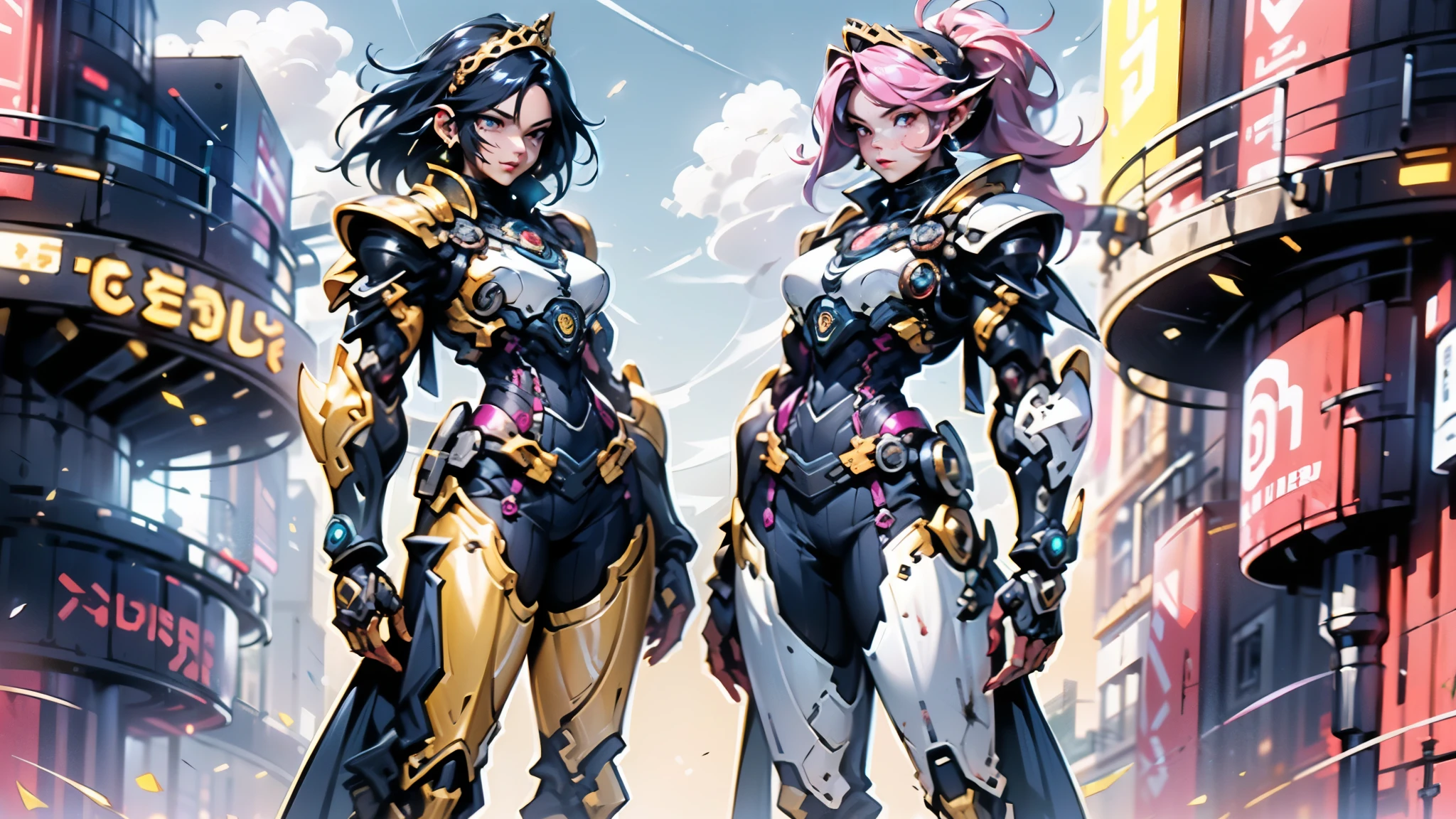 A woman adorned in fantasy-style full-body armor, a crown-concept fully enclosed helmet that unveils only her eyes, a composite layered chest plate, fully encompassing shoulder and hand guards, a lightweight waist armor, form-fitting shin guards, the overall design is heavy-duty yet flexible, ((the armor gleams with a golden glow, complemented by red and blue accents)), exhibiting a noble aura, she floats above a fantasy-surreal high-tech city, this character embodies a finely crafted fantasy-surreal style armored hero in anime style, exquisite and mature manga art style, (Queen bee mixed with Spider concept Armor, plasma, blood), ((Element, energy, elegant, goddess, femminine:1.5)), metallic, high definition, best quality, highres, ultra-detailed, ultra-fine painting, extremely delicate, professional, anatomically correct, symmetrical face, extremely detailed eyes and face, high quality eyes, creativity, RAW photo, UHD, 32k, Natural light, cinematic lighting, masterpiece-anatomy-perfect, masterpiece:1.5