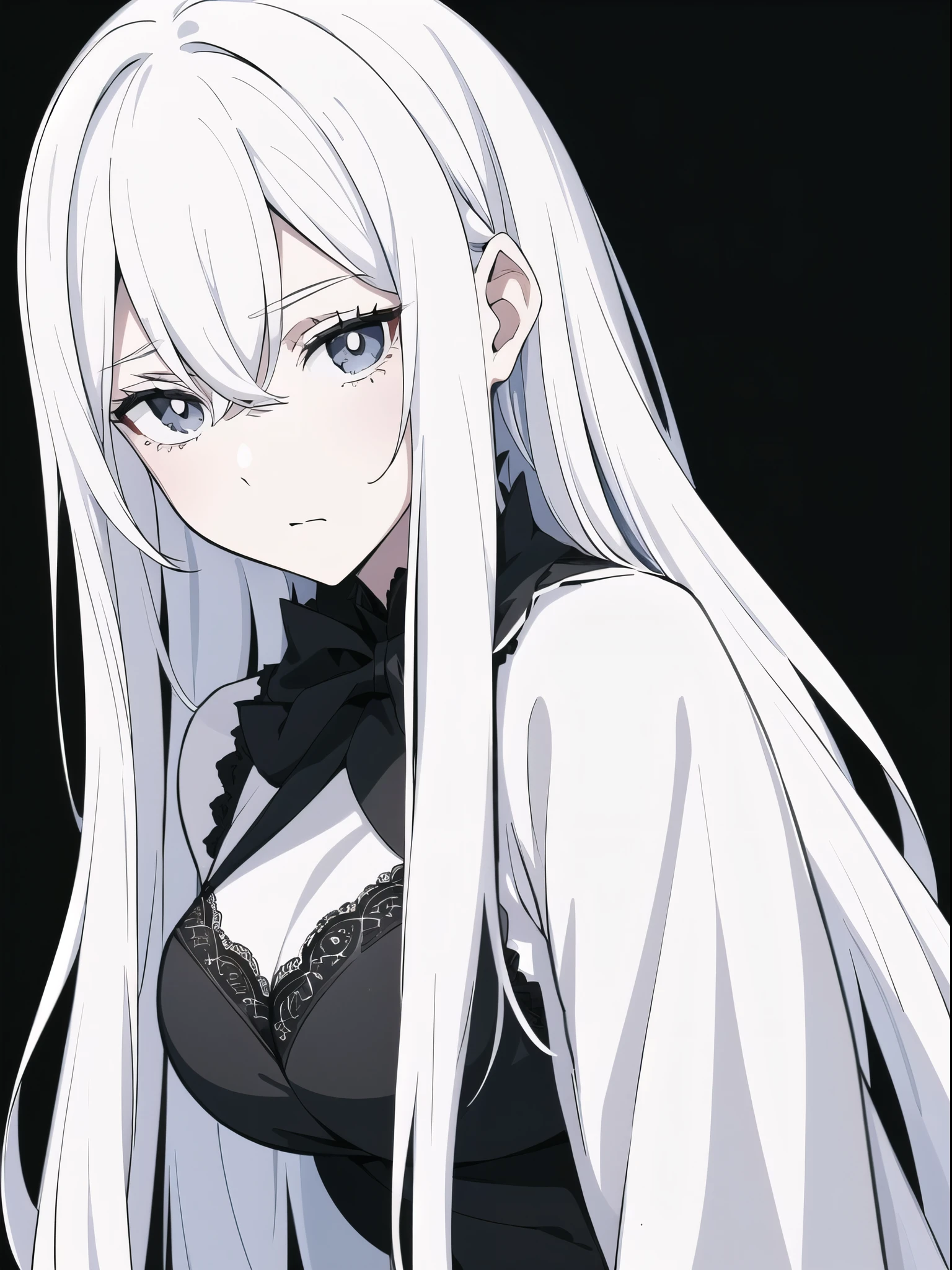 ((White hair)),((Head and Shoulders Image)),Sexy,A person,Alone,Simple style,pancake ,Simple details,Black background,Empty background,Black background wall,(20 year old woman),(Droopy hair),(White Gloves),(Evening Gown),(Lace Shirt),Lace,(confidence)