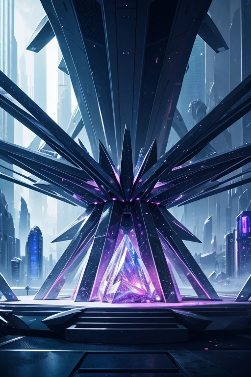 A complex crystal structure in a futuristic city
