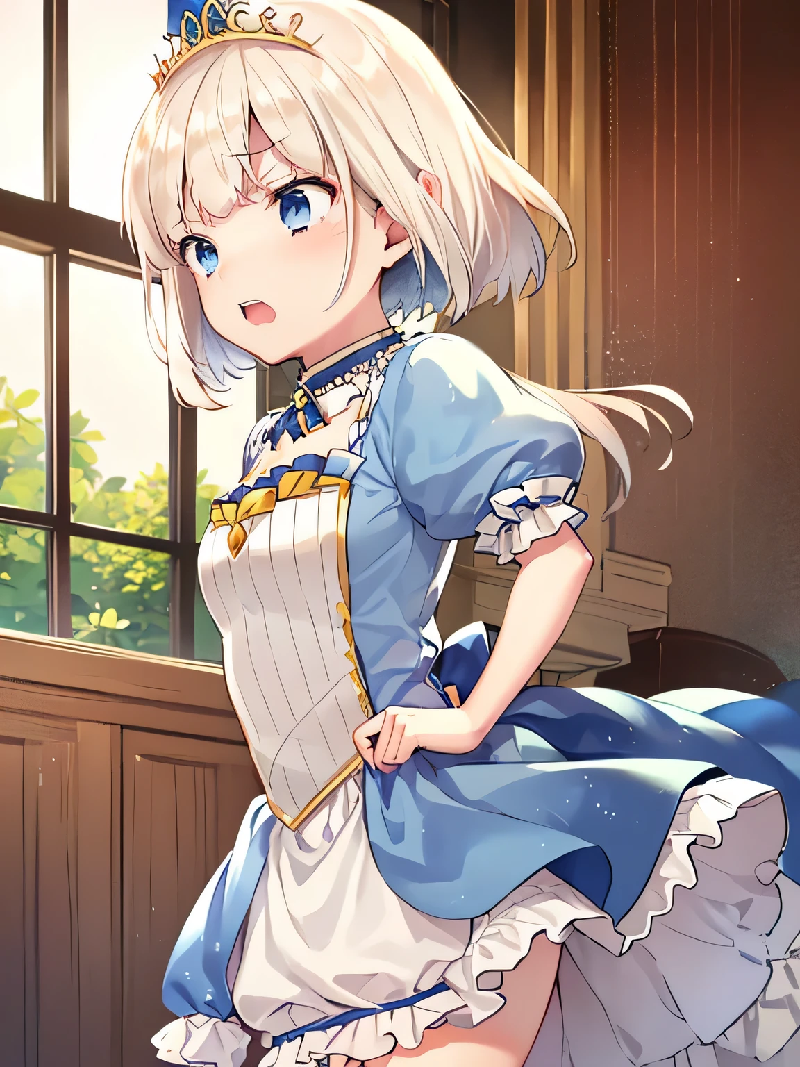 Princess Blue Dress、gold tiara、Transparent pure white skin、Glossy skin、long hair、golden hair、blue eyes、room、blush、skinny、view from below、crying face、small mouth、emphasize the muscles of the pussy、((10 years old))、(((Lift the skirt to show white panties)))