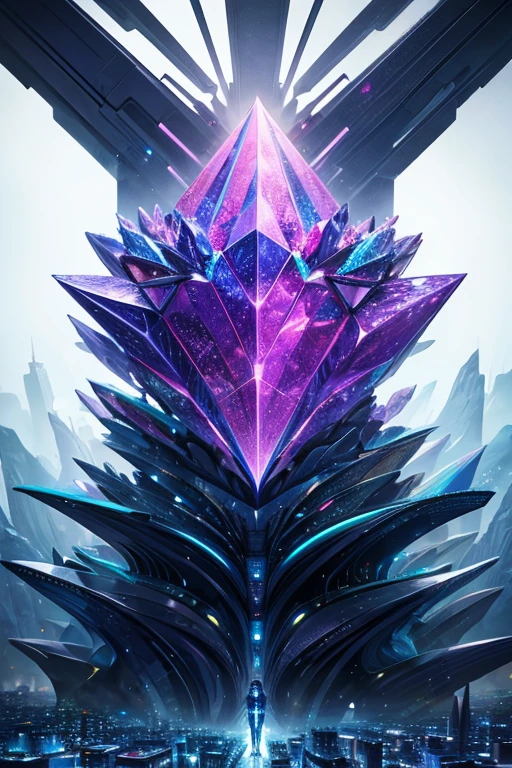 A complex crystal structure in a futuristic city
