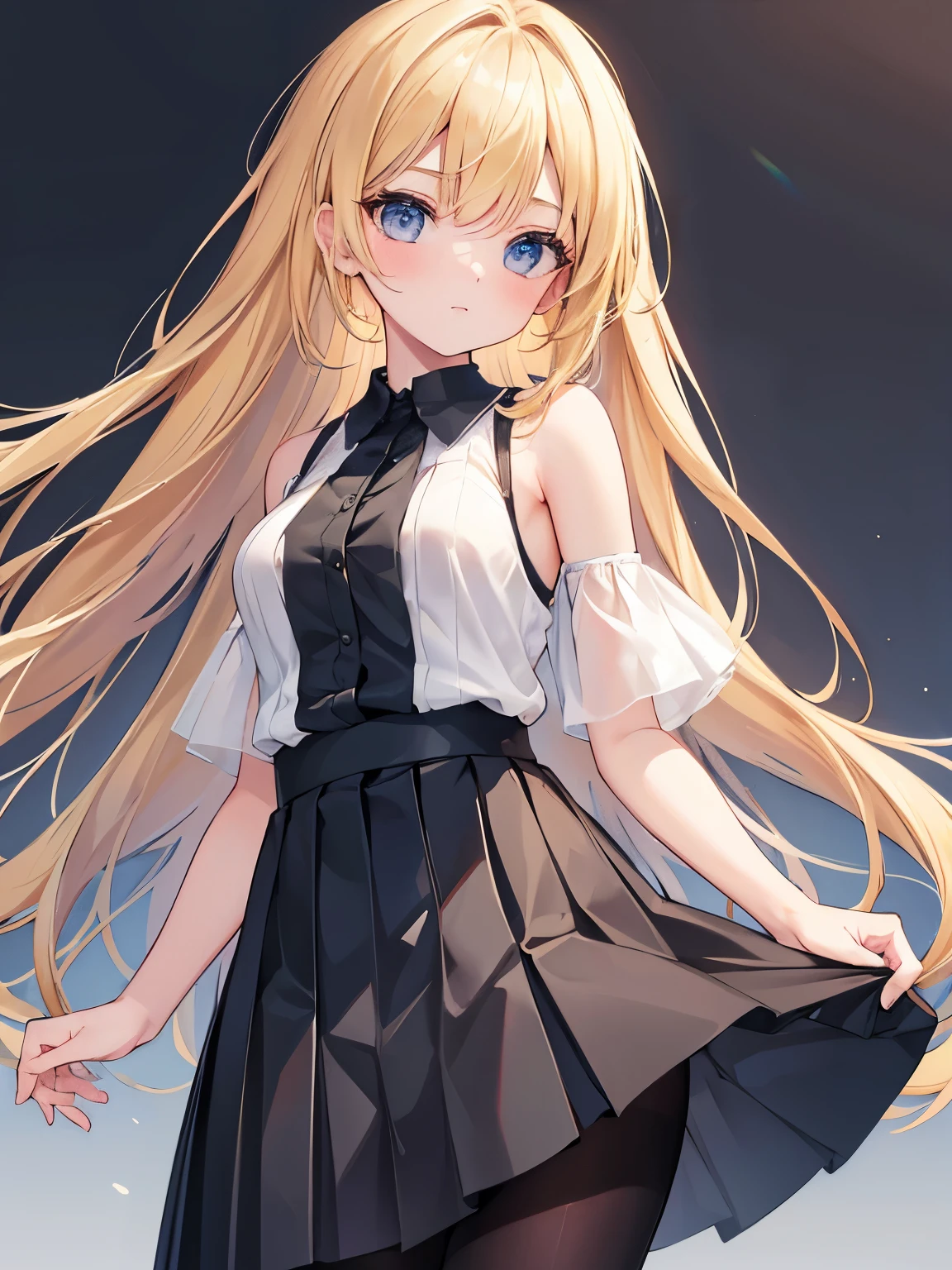 masterpiece, {{{{Highest quality}}}}, 16K, beautiful,1 girl, blonde_hair, pleated_skirt, bare_shoulders,  sleevesless, black_pantyhose 