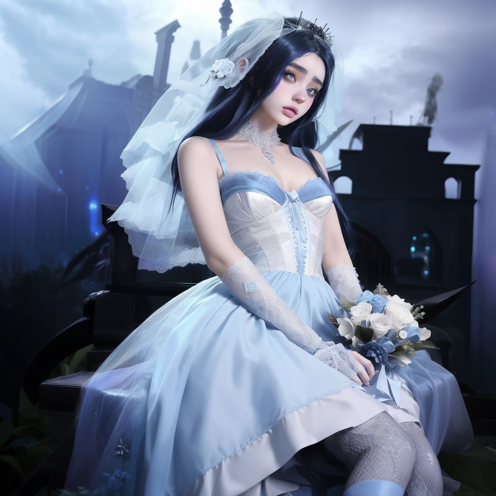 un primer plano de una mujer con un vestido de novia y un ramo, corpse bride style, Corpse Bride art style, ponme celoso, she has pale blue skin.!!!, melanie martinez, muy hermosa top model goth, ponme celoso tom bagshaw, an elegant gothic princess, she parece una mezcla de mugre, Lily Collins, arte de fan, parece una mezcla de mugre