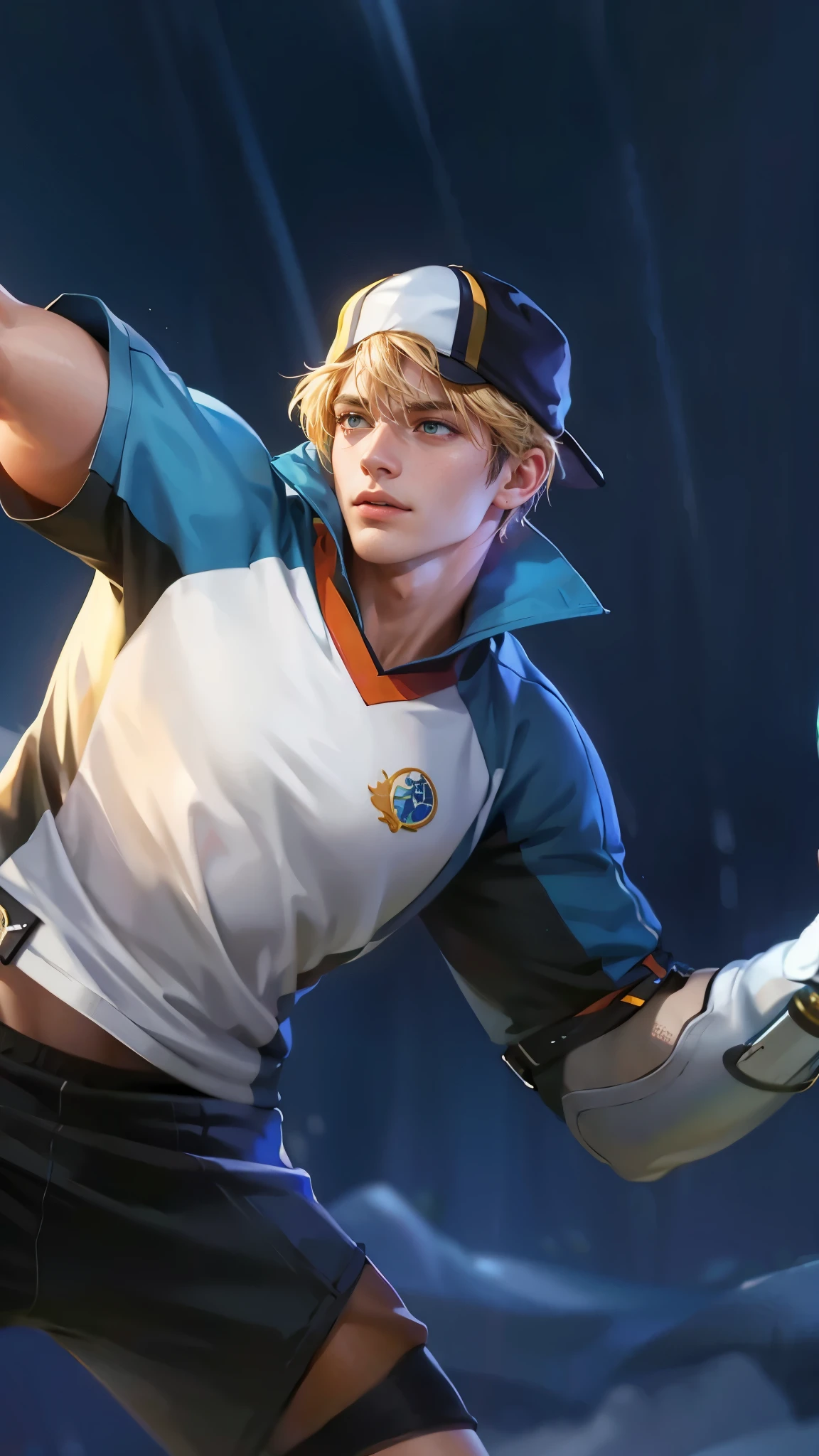 Best quality, masterpiece, detailed skin texture, detailed clothes texture, detailed face, super detail, 8k, intricate detail, 1 boy, The color doesn't change, Muscle guy, 1 guy, there is a man that is playing tennis in the rain