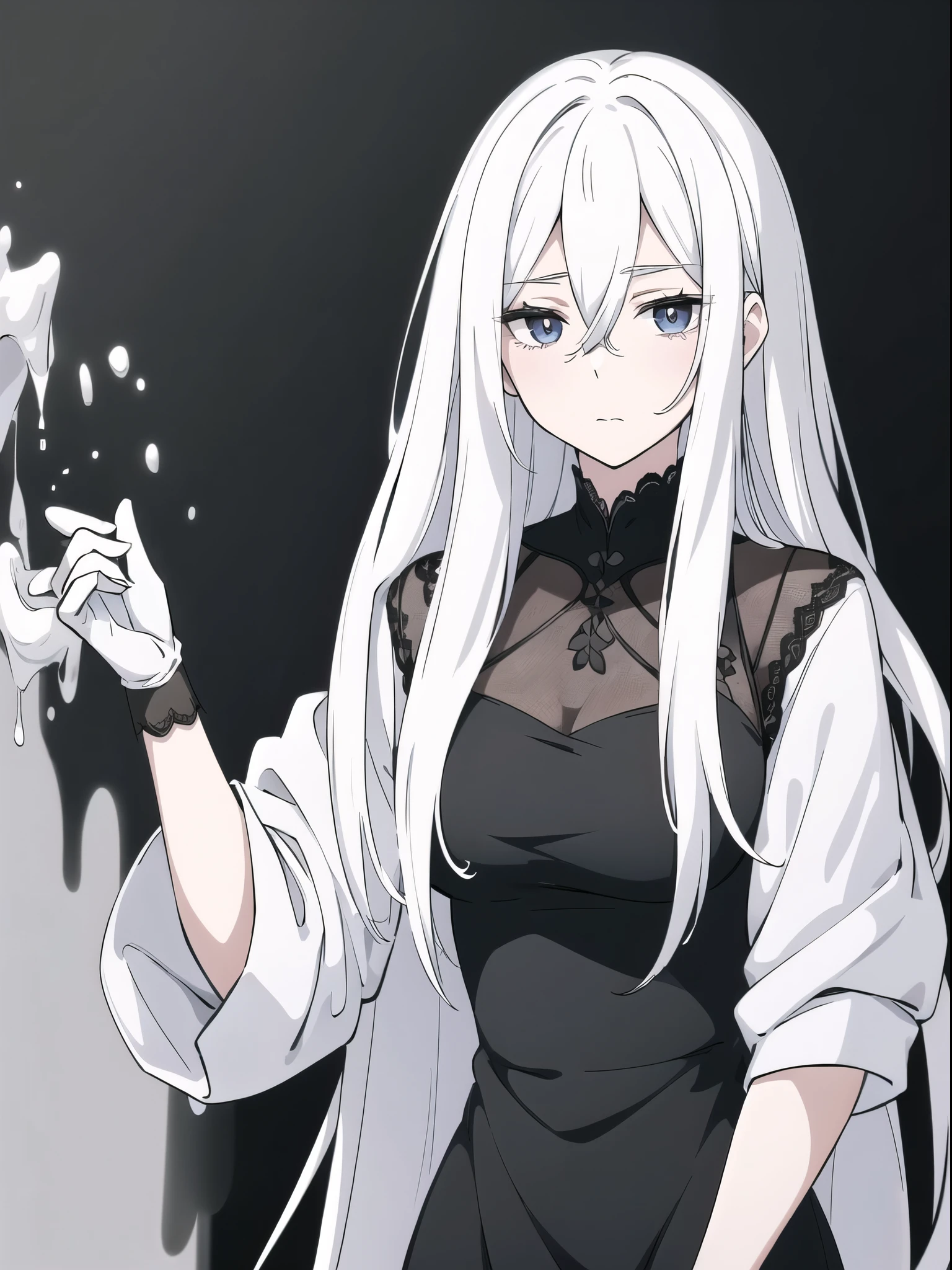 ((White hair)),((Head and Shoulders Image)),Sexy,A person,Alone,Simple style,pancake ,Simple details,Black background,Empty background,Black background wall,(20 year old woman),(Droopy hair),(White Gloves),(Evening Gown),(Lace Shirt),Lace,(confidence)