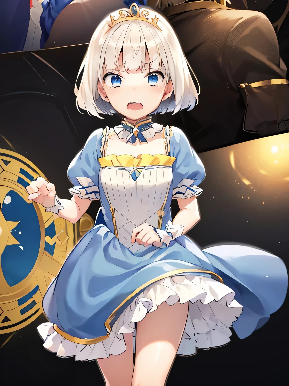 Princess Blue Dress、gold tiara、Transparent pure white skin、Glossy skin、long hair、golden hair、blue eyes、room、blush、skinny、view from below、crying face、small mouth、emphasize the muscles of the pussy、((10 years old))、(((Lift the skirt to show white panties)))