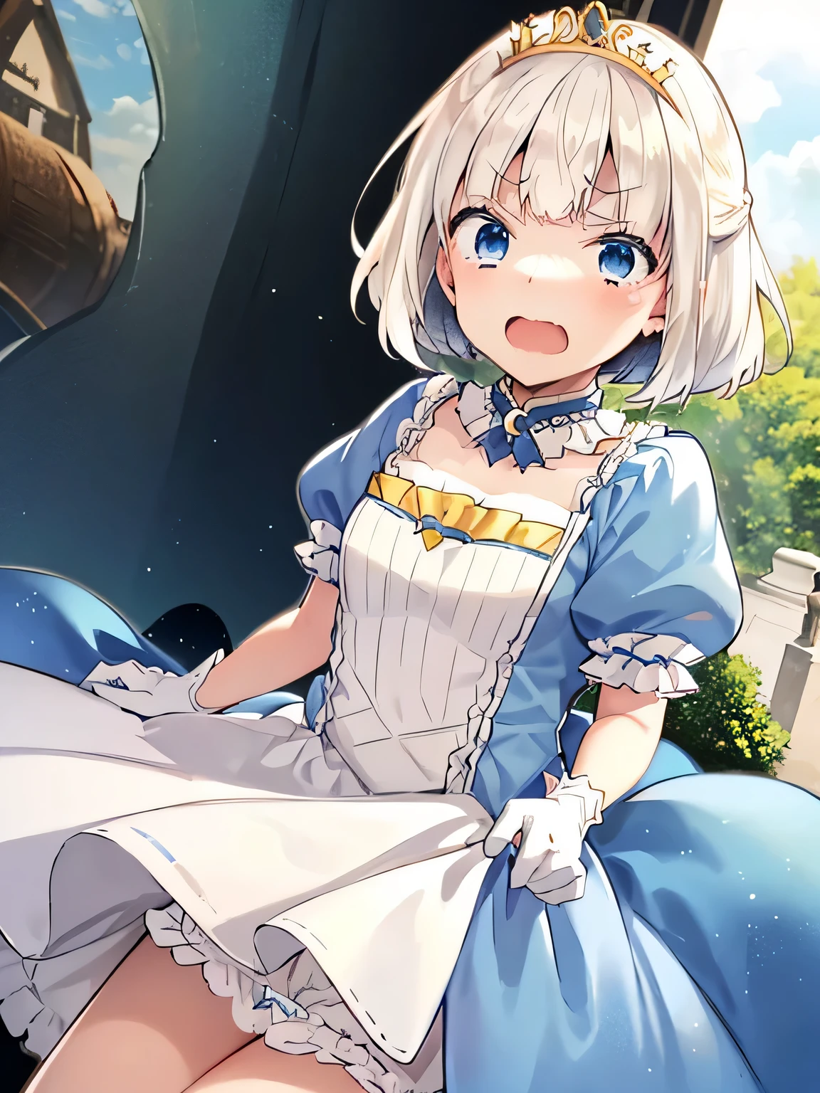 Princess Blue Dress、gold tiara、Transparent pure white skin、Glossy skin、long hair、golden hair、blue eyes、room、blush、skinny、view from below、crying face、small mouth、emphasize the muscles of the pussy、(())、(((Lift the skirt to show white panties)))