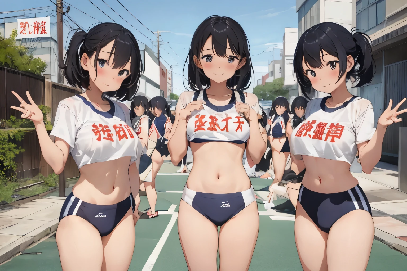 NSFW, incredibly cute girl, rikujou, multiple girl star pieceaster piece, highest quality)), 15 years old, Big breasts that are about to burst, small breasts, Group photo, A sparkling smile