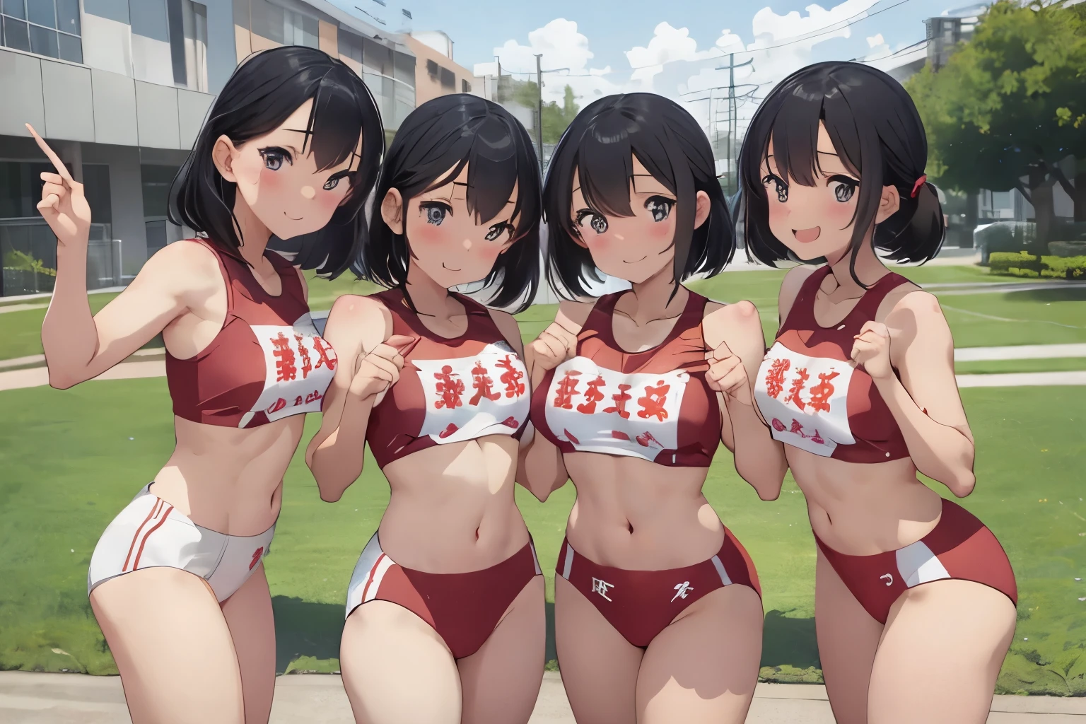 NSFW, incredibly cute girl, rikujou, multiple girl star pieceaster piece, highest quality)), 15 years old, Big breasts that are about to burst, small breasts, Group photo, A sparkling smile