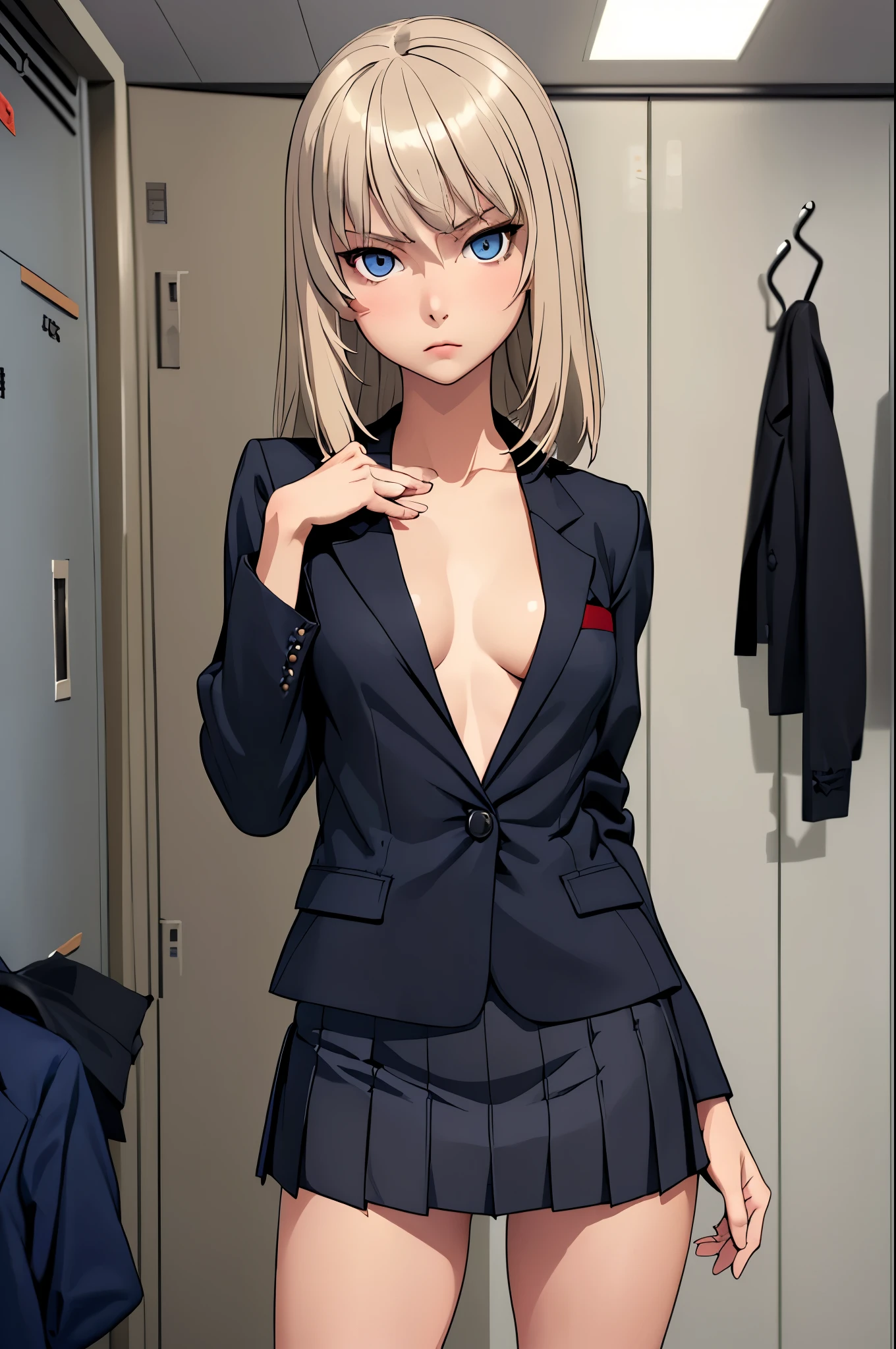 masterpiece, best quality, Itsumi Erika, 1girl, ashen blonde hair, blue eyes, solo, small breasts, naked body, skirt, topless, black jacket, jacket opened, standing frontally to the viewer, casual pose, looking at viewer, expressionless, whole body can be seen, school locker room, detailed hands, five fingers