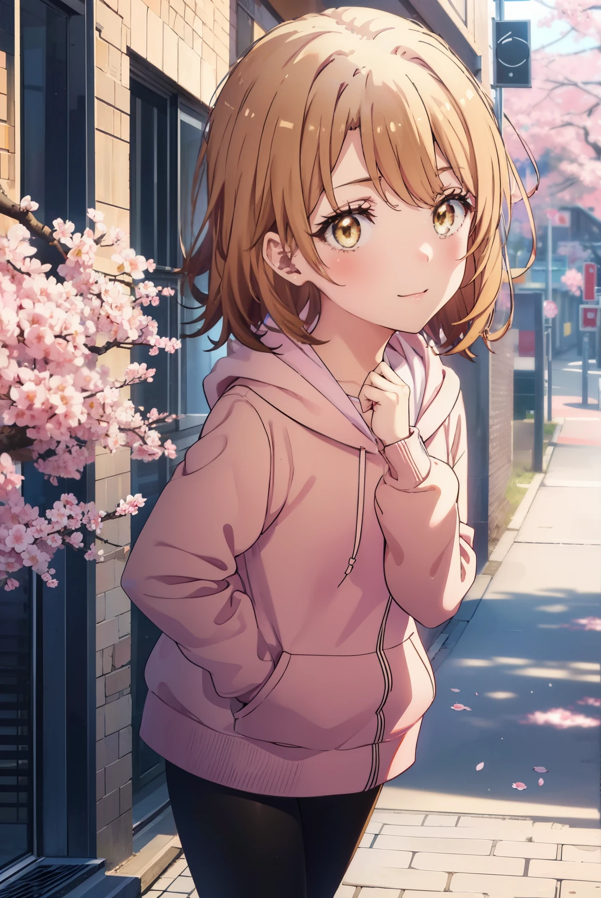 irohaisshiki, iroha isshiki, short hair, brown hair, (brown eyes:1.5), blush,smile,open your mouth,put your hand over your mouth, 1 girl,towards the camera,Pink hoodie wearing a hood,short denim distressed pants,black tights,short boots,standing with one's back against the wall、cherry blossoms are blooming,Cherry blossoms are scattered,
break indoors, Cherry blossom tree-lined path,
break looking at viewer,
break (masterpiece:1.2), highest quality, High resolution, unity 8k wallpaper, (figure:0.8), (detailed and beautiful eyes:1.6), highly detailed face, perfect lighting, Very detailed CG, (perfect hands, perfect anatomy),