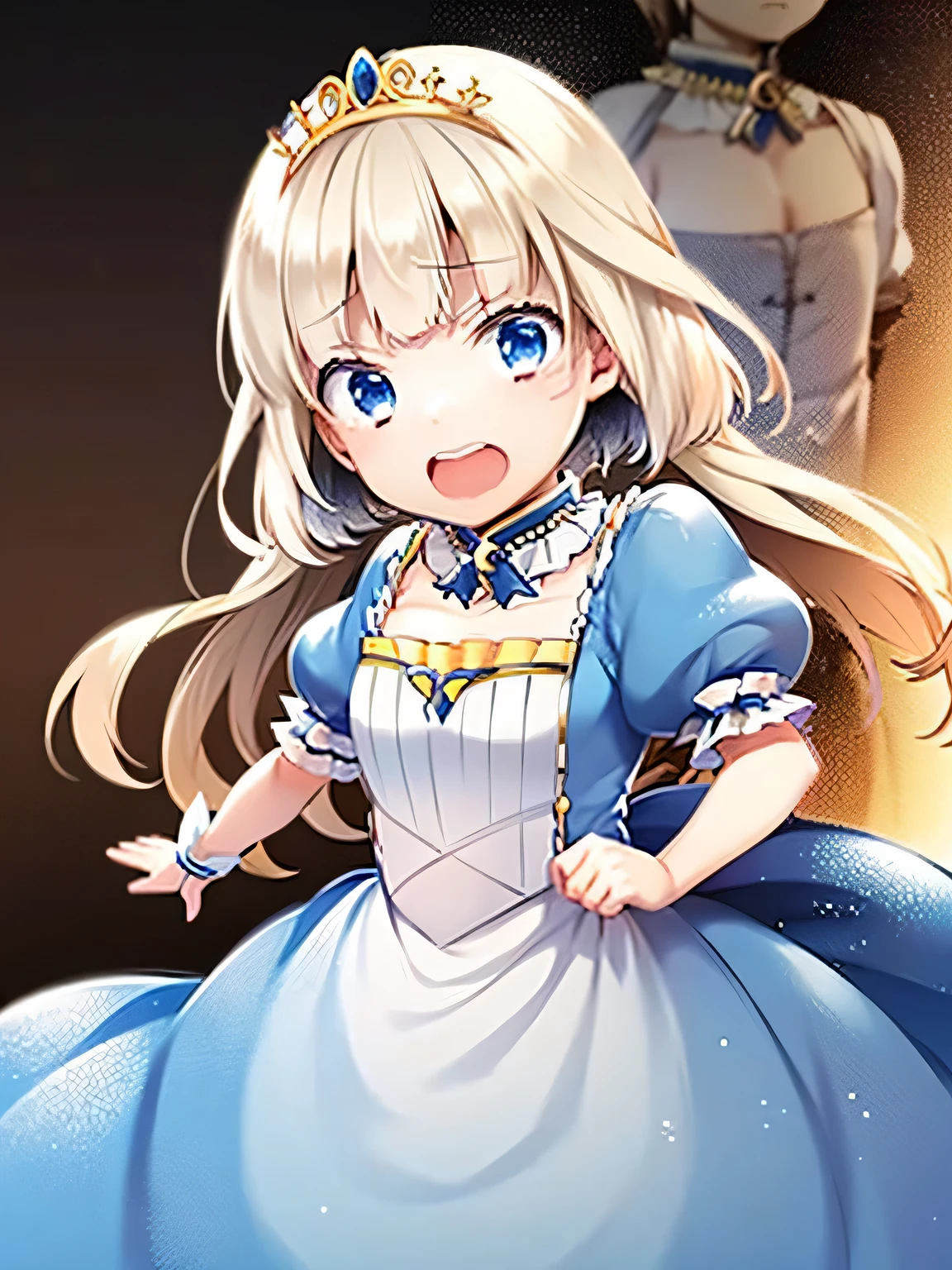 Princess Blue Dress、gold tiara、Transparent pure white skin、Glossy skin、long hair、golden hair、blue eyes、room、blush、skinny、view from below、crying face、small mouth、emphasize the muscles of the pussy、(())、(((Lift the skirt to show white panties)))