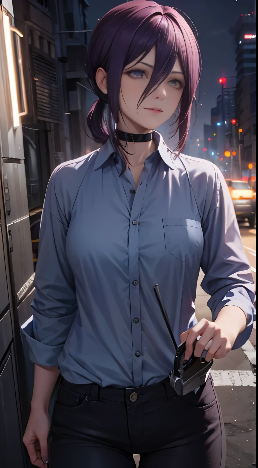 1Girl, reze chainsaw man, purple hair, pigtails, purple eyes, ultra hd, ultra detail, masterpiece, half body, perfect face