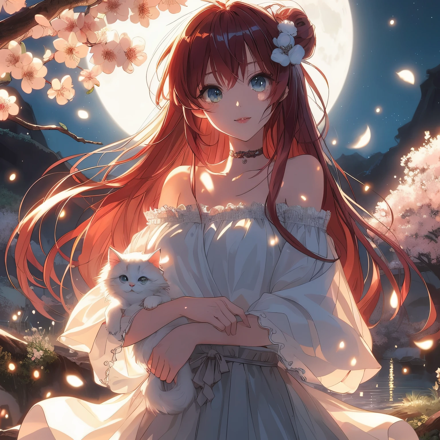 An anime girl with long red hair holding a white cat under the full moon, Beautiful anime catgirl, very Beautiful anime cat girl, anime style 4k, cat ears anime girl, Cute anime catwoman, Beautiful anime girl, night nucleus, anime art wallpaper 8k, Anime Art Wallpaper 4k, anime art wallpaper 4k, Beautiful anime, anime long hair girl