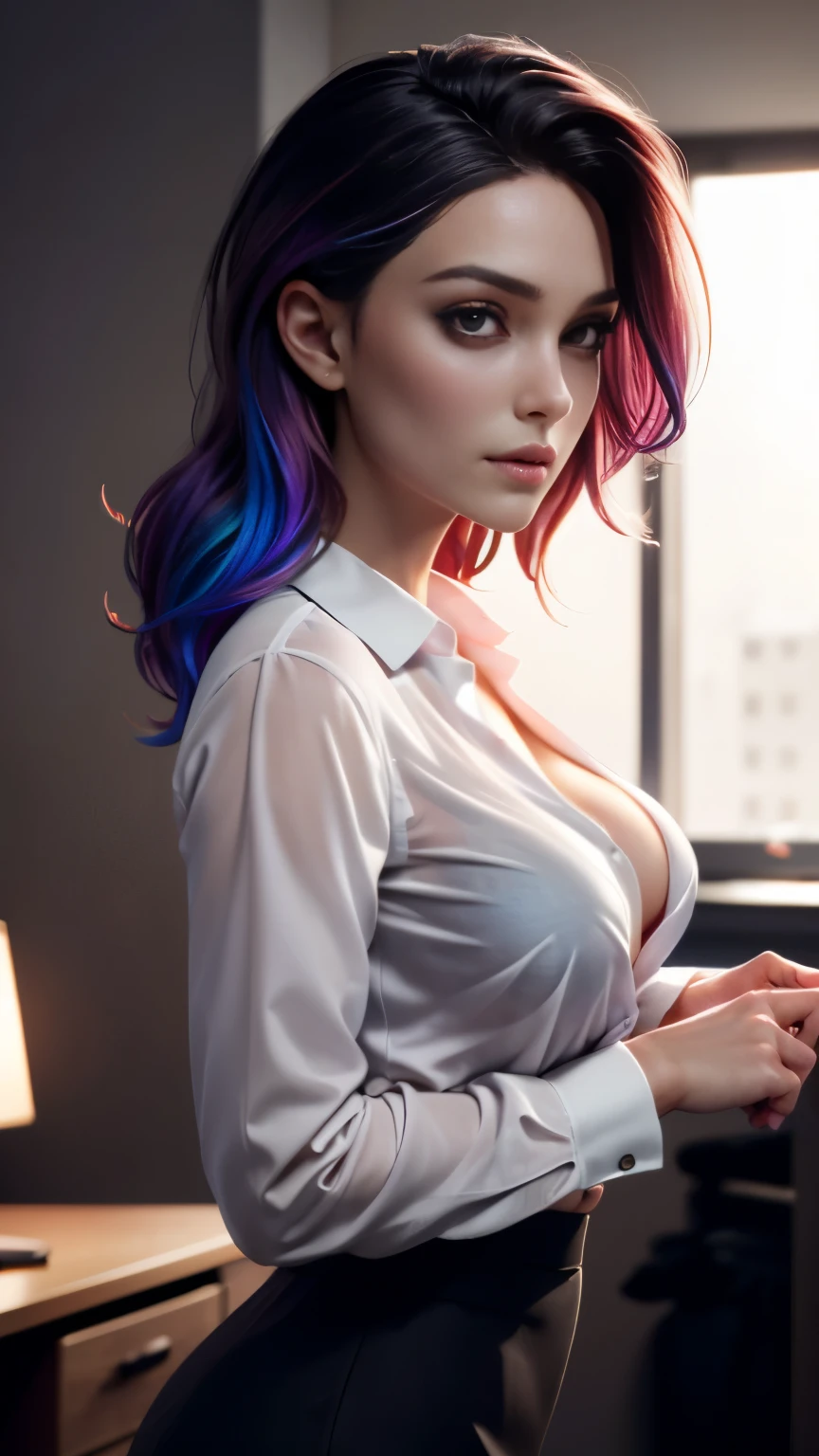 photo of celebrity, RAW, beautiful woman, ((portrait)), ((detailed face, colorful rainbow hair:1.2)), ((detailed facial feature, detailed skin, clear skin, parted lips), (perfect proportioned body, medium breasts, side boob), (wearing business attire, open opaque shirt, showing her breasts, sexy skirt: 1.5)), (high detailed office building: 1.3), (side profile, looking at camera: 1.25), (realistic photo, best quality, detailed), (8k wallpaper), (cinematic lighting, dramatic lighting) (sharp focus, intricate)
