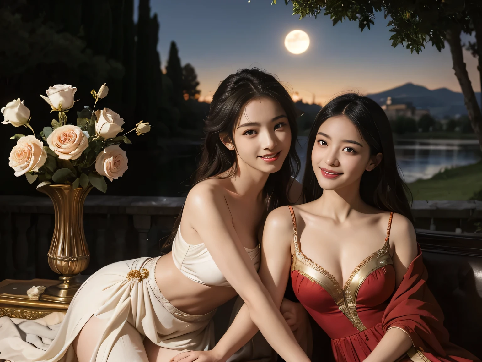 Giorgione&#39;s painting style,Discussion between two female philosophers,math、astronomical machine、astronaut、roses in vase、fruit、Cute trinkets、smile、ancient greek costume、The background is a forest lake at night 、Clothes that stretch your shoulders、A big smile、beautiful bare skin、A detailed representation of the seducing woman throughout her body..full body portrait, ancient roman ruins, Poussin style night view, A smile, , sweet and enchanting appearance.、caravaggio painting、Caravaggio&#39;s Chiaroscuro、My hair was messed up by the wind, two women having fun, Cute smile, expression of ecstasy, Sexy, erotic 