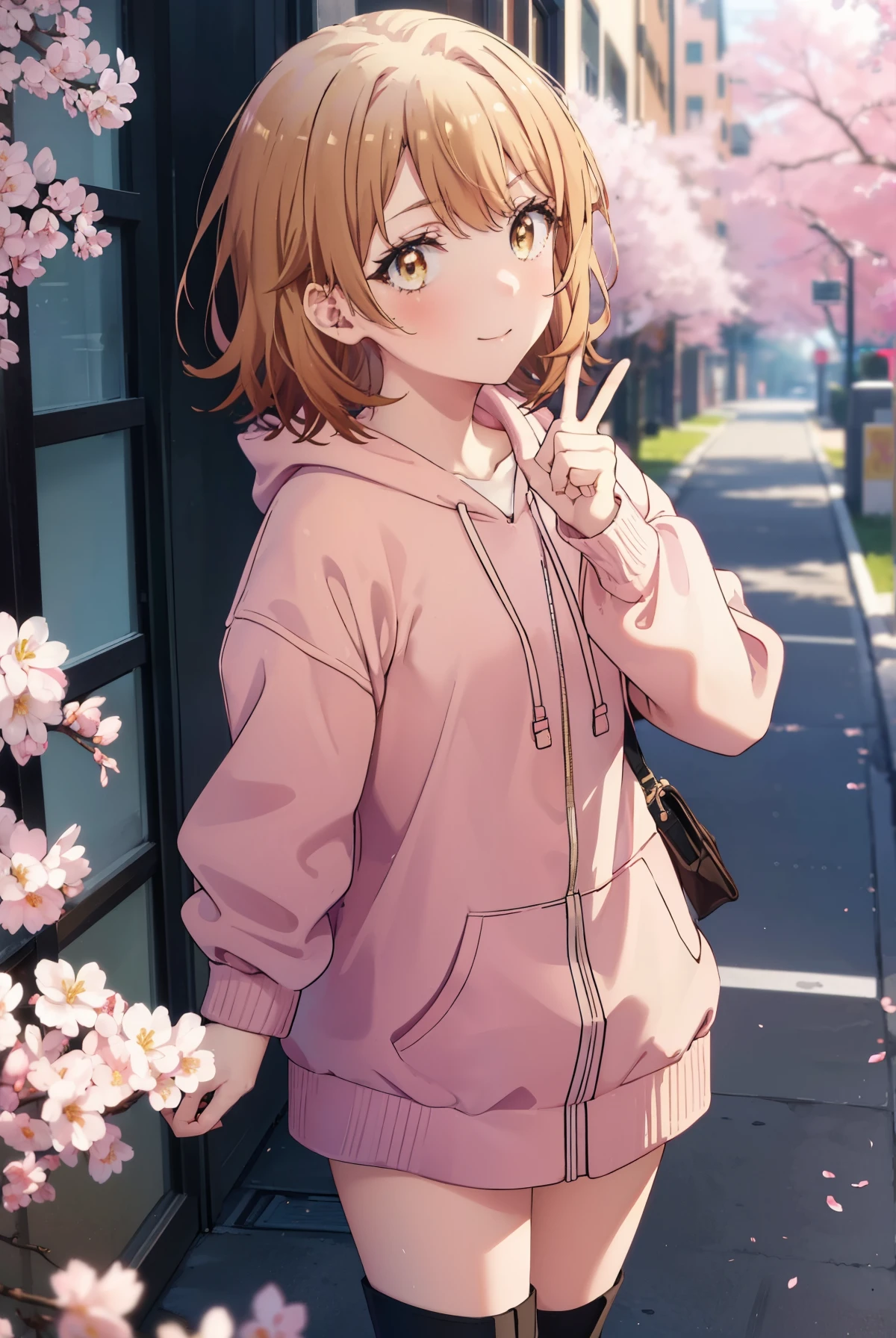 irohaisshiki, iroha isshiki, short hair, brown hair, (brown eyes:1.5), blush,smile,open your mouth,Put your hand over your mouth and make a peace sign, 1 girl,towards the camera,Pink hoodie　wearing a hood,short denim pants,black tights,short boots,standing with one&#39;s back against the wall、cherry blossoms are blooming,Cherry blossoms are scattered,
break indoors, Cherry blossom tree-lined path,
break looking at viewer,
break (masterpiece:1.2), highest quality, High resolution, unity 8k wallpaper, (figure:0.8), (detailed and beautiful eyes:1.6), highly detailed face, perfect lighting, Very detailed CG, (perfect hands, perfect anatomy),