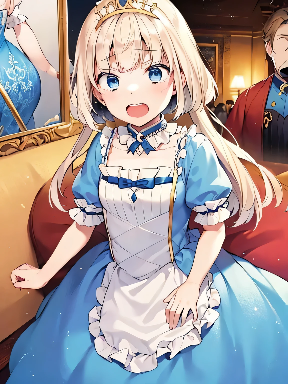 Princess Blue Dress、gold tiara、Transparent pure white skin、Glossy skin、long hair、golden hair、blue eyes、room、blush、skinny、view from below、squat with legs apart、crying face、small mouth、emphasize the muscles of the pussy、belly button、((10 years old))、(((Masturbation with hand inside white panties)))、