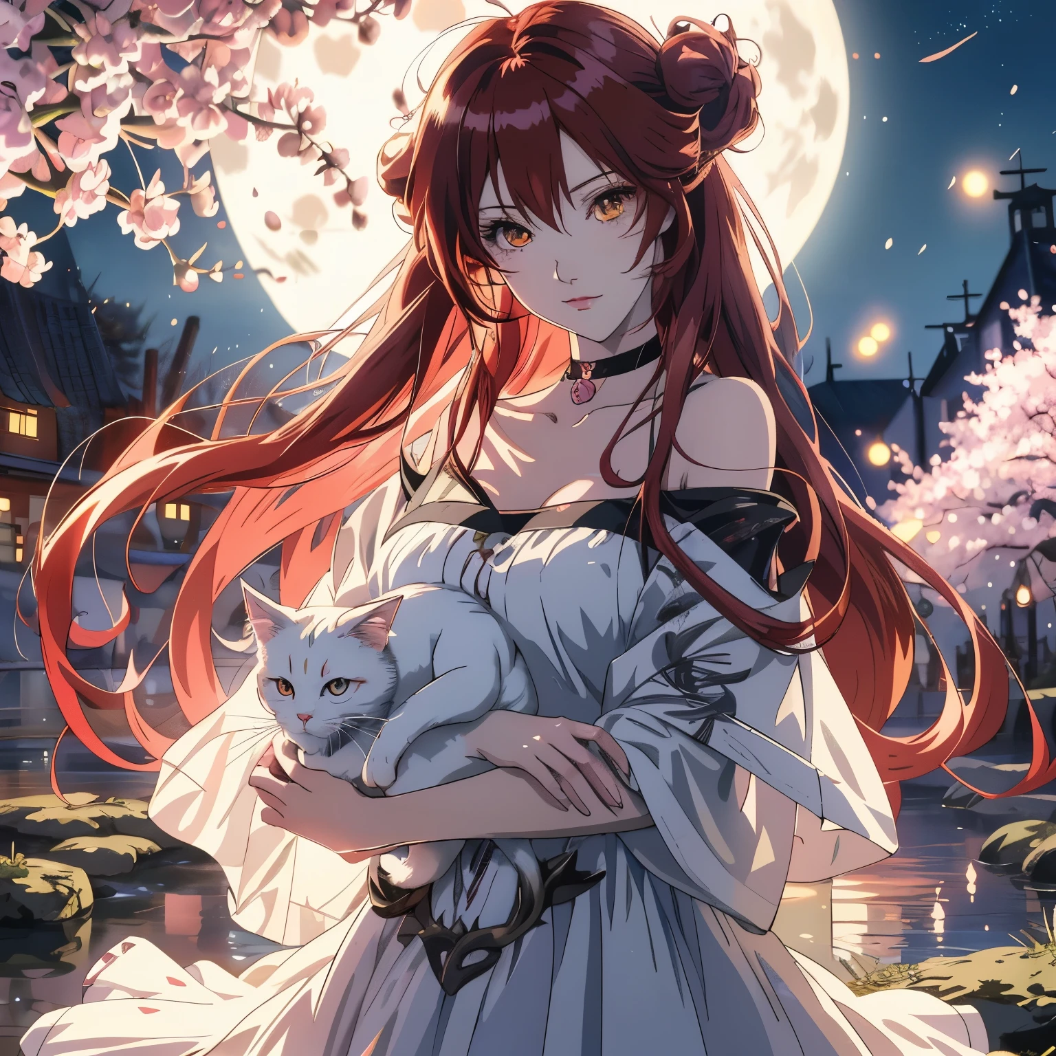 An anime girl with long red hair holding a white cat under the full moon, Beautiful anime catgirl, very Beautiful anime cat girl, anime style 4k, cat ears anime girl, Cute anime catwoman, Beautiful anime girl, night nucleus, anime art wallpaper 8k, Anime Art Wallpaper 4k, anime art wallpaper 4k, Beautiful anime, anime long hair girl