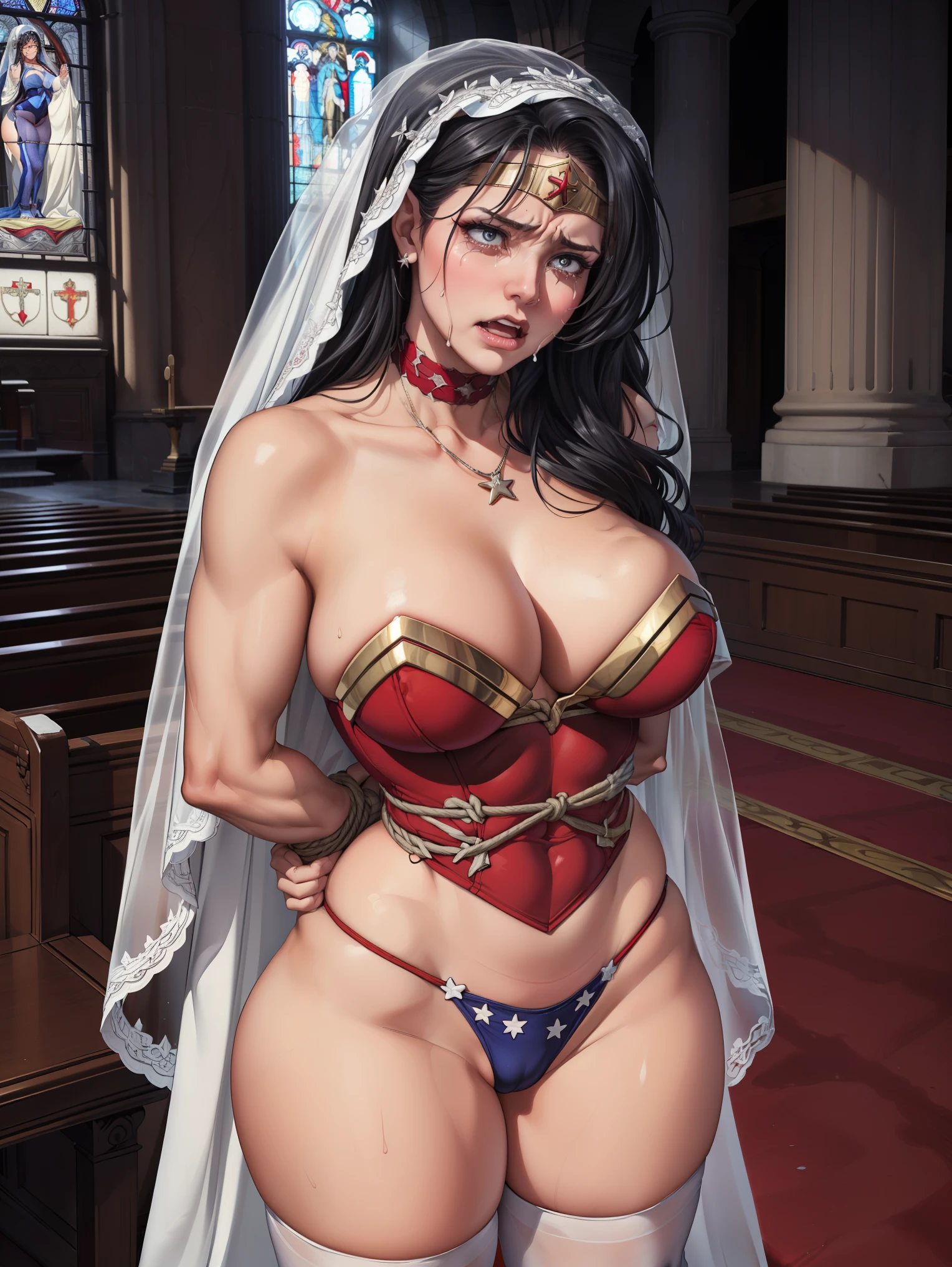 SUPERHEROINE WONDER WOMAN esta vestindo lingerie rendada branca, white lace pantyhose, sapatos high heels brancos, wearing wedding veil, usando grinalda, ((SHE is at the altar of a church, esbofetiada na cara))), ((Socada no estomago, chutada nas costas)) ,((SUPERHEROINE wonder woman wearing wedding veil and wreath)), ((emotional expression,expression of pain and despair, gritando de dor, expression of suffering, eyes widewonder Wonder is standing, on tiptoe), (She's crying a lot, ela tem cabelo preto, ela tem cabelo longo)), ((She wears a thick metal necklace around her neck..)), (obra-prima, melhor qualidade) 1.5, 1 garota, sozinho, (sexy, mulher bonita, rosto perfeito, olhos perfeitos), corpo inteiro. ((She is wearing white starry lace panties)), tears running down your face)), ((Mulher Maravilha em cativeiro, arms tied behind the back, shibari, hands tied behind the back,painful restraint by ropes), (((emotional expression,expression of pain and despair, gritando de dor, expression of suffering, olhos arregalados, expression of fear))).