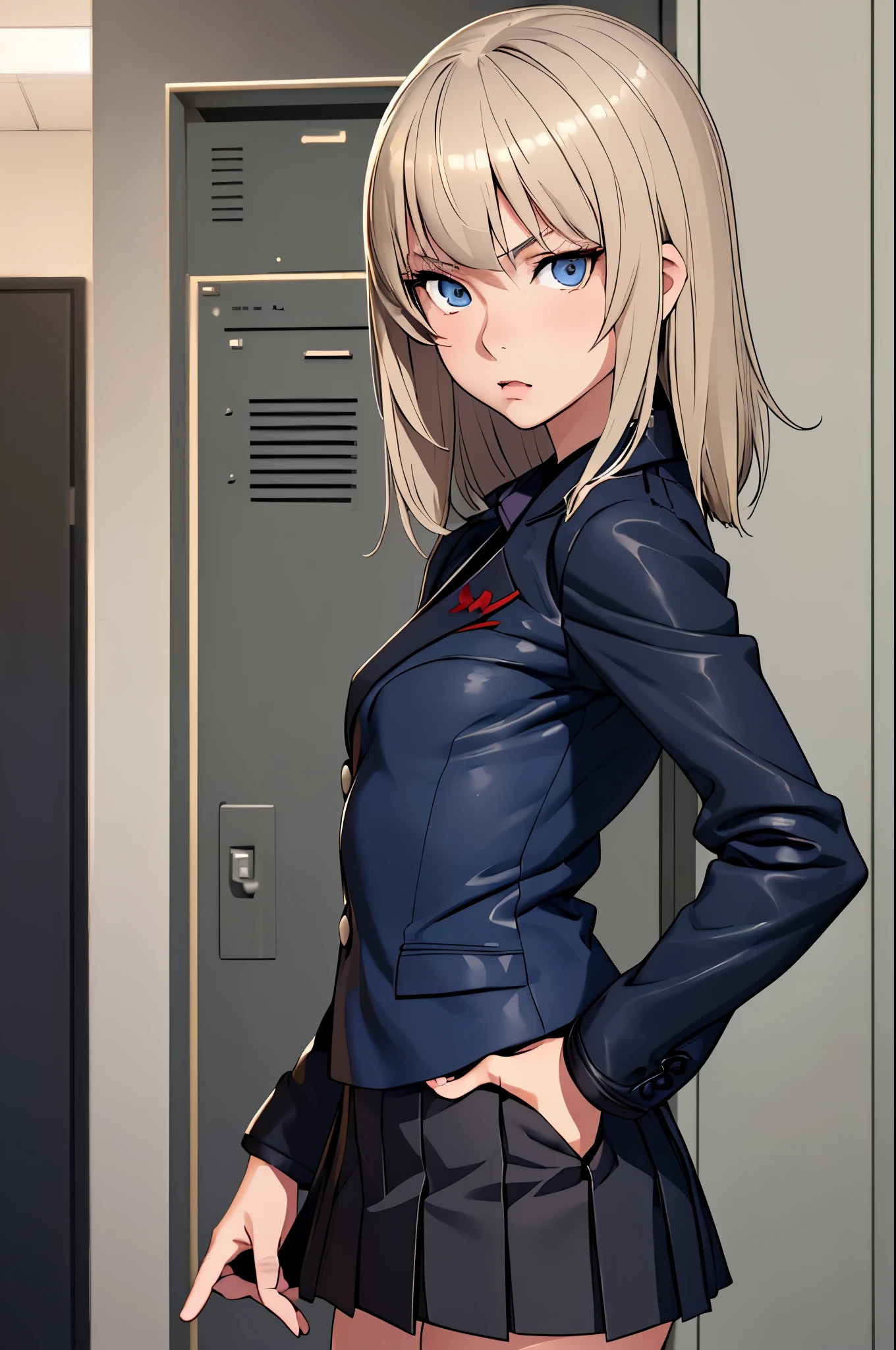 masterpiece, best quality, Itsumi Erika, 1girl, ashen blonde hair, blue eyes, solo, small breasts, naked body, skirt, topless, black jacket, jacket opened, standing frontally to the viewer, casual pose, looking at viewer, expressionless, whole body can be seen, school locker room, detailed hands, five fingers