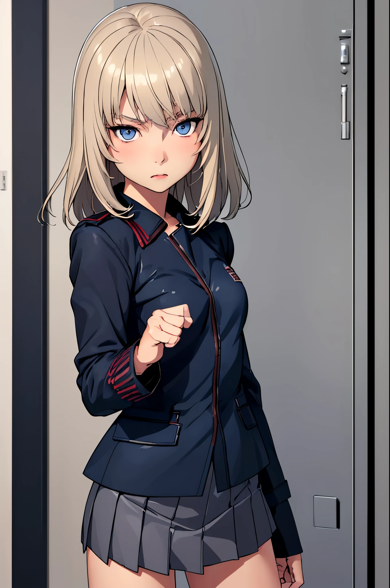 masterpiece, best quality, Itsumi Erika, 1girl, ashen blonde hair, blue eyes, solo, small breasts, naked body, skirt, topless, black jacket, jacket opened, standing frontally to the viewer, casual pose, looking at viewer, expressionless, whole body can be seen, school locker room, detailed hands, five fingers