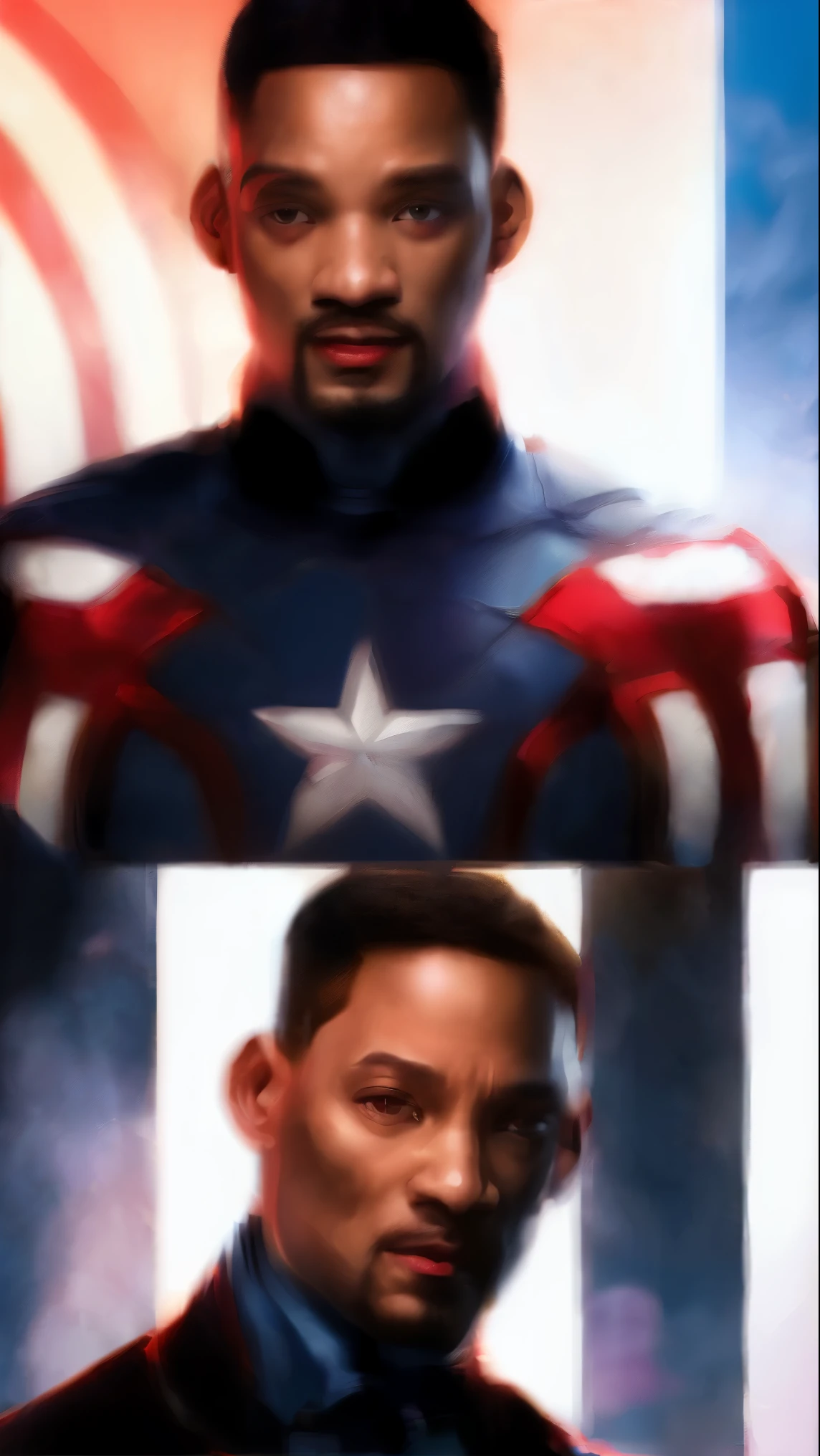 . .Tarantino style Will Smith as Captain America 8k, high definition, detailed face, detailed face, detailed eyes, detailed suit, in style of marvel and dc, hyper-realistic, + cinematic shot + dynamic composition, incredibly detailed, sharpen, details + superb details + evening with light + perfectionism + award winning realism ((moody lighting))