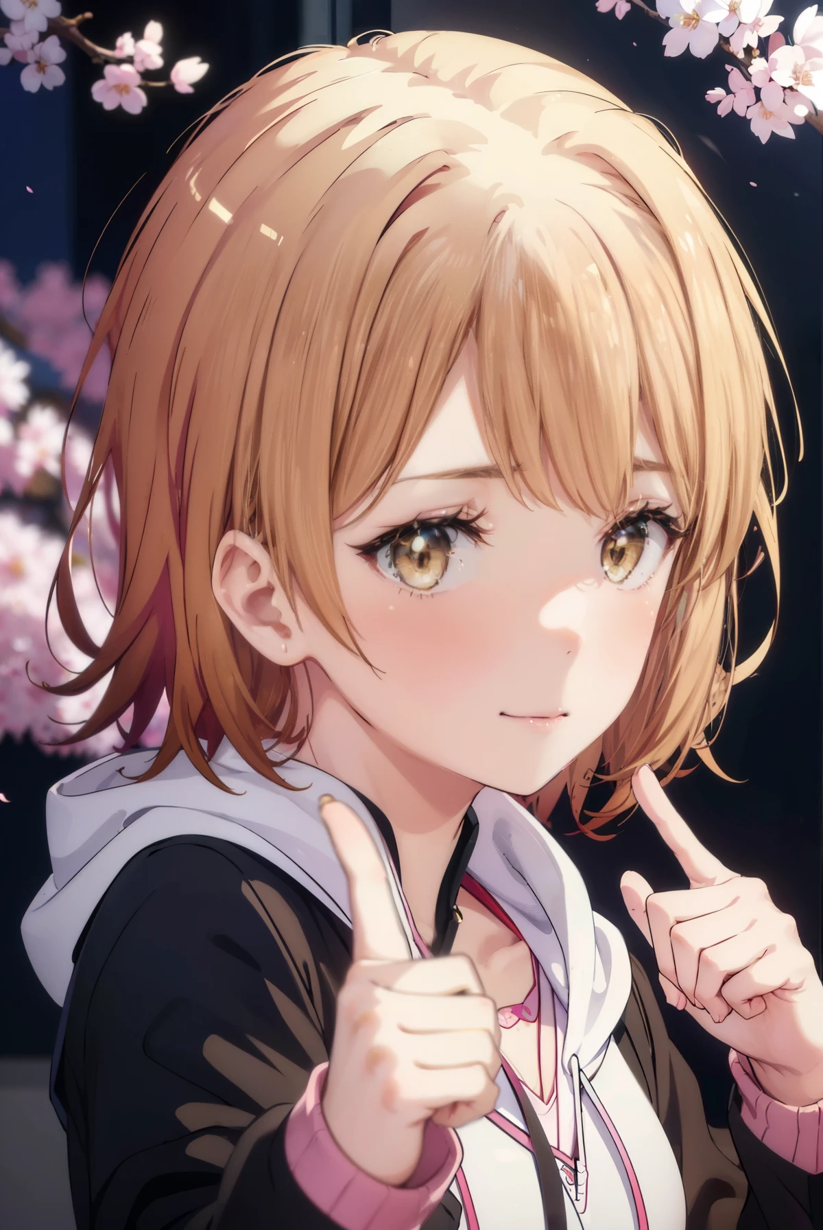 irohaisshiki, iroha isshiki, short hair, brown hair, (brown eyes:1.5), blush,smile,open your mouth,Put your hand over your mouth and make a peace sign, 1 girl,towards the camera,Pink hoodie　wearing a hood,short denim pants,black tights,short boots,standing with one&#39;s back against the wall、cherry blossoms are blooming,Cherry blossoms are scattered,
break indoors, Cherry blossom tree-lined path,
break looking at viewer,
break (masterpiece:1.2), highest quality, High resolution, unity 8k wallpaper, (figure:0.8), (detailed and beautiful eyes:1.6), highly detailed face, perfect lighting, Very detailed CG, (perfect hands, perfect anatomy),