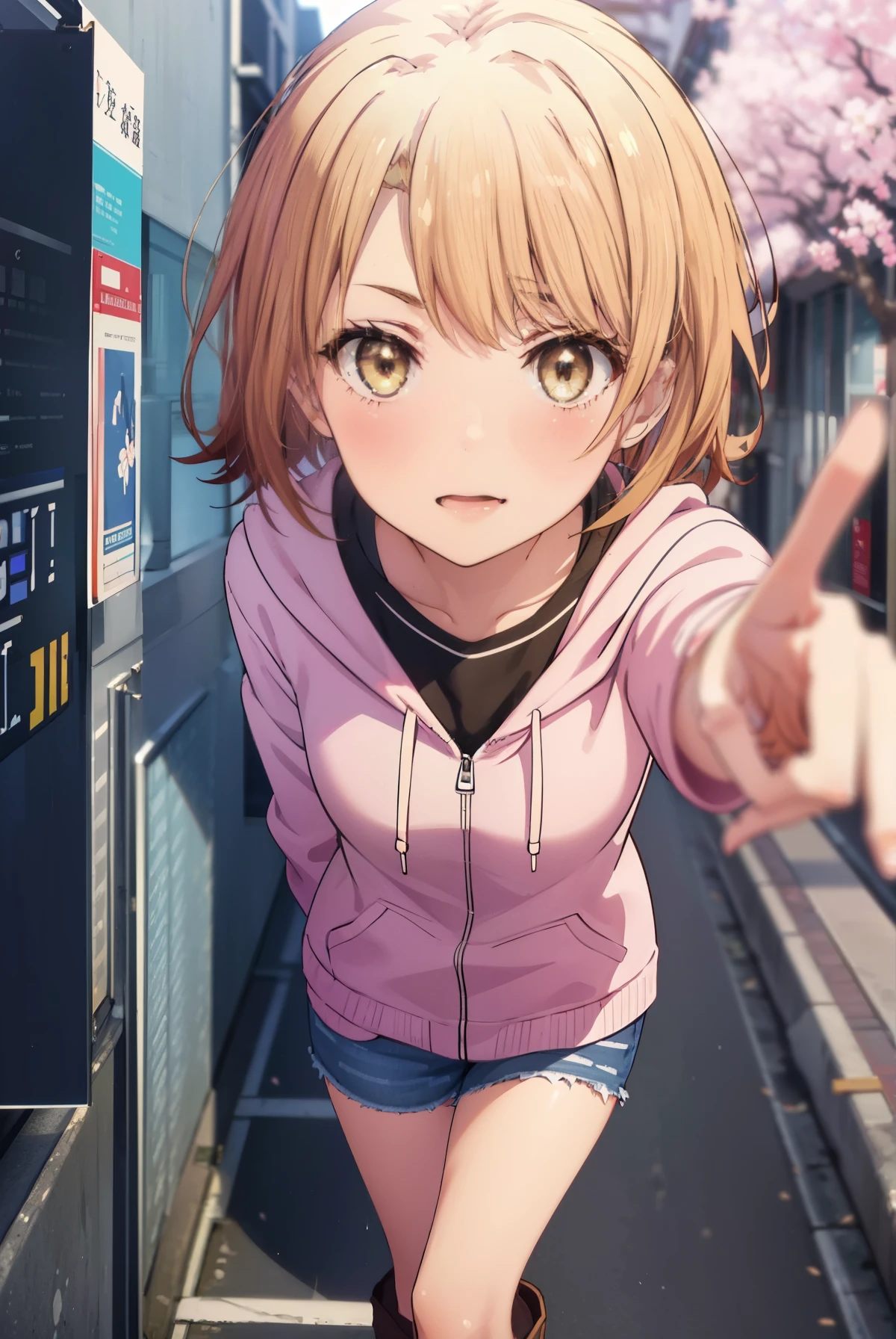 irohaisshiki, iroha isshiki, short hair, brown hair, (brown eyes:1.5), blush,smile,open your mouth,Put your hand over your mouth and make a peace sign, 1 girl,towards the camera,Pink hoodie　wearing a hood,short denim pants,black tights,short boots,standing with one&#39;s back against the wall、cherry blossoms are blooming,Cherry blossoms are scattered,
break indoors, Cherry blossom tree-lined path,
break looking at viewer,
break (masterpiece:1.2), highest quality, High resolution, unity 8k wallpaper, (figure:0.8), (detailed and beautiful eyes:1.6), highly detailed face, perfect lighting, Very detailed CG, (perfect hands, perfect anatomy),