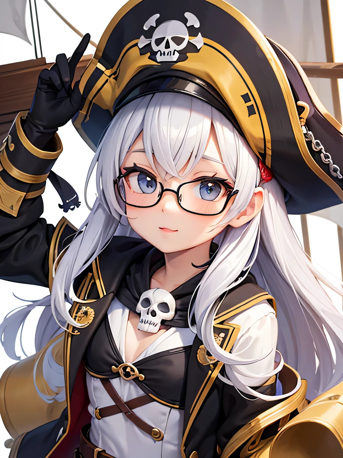 cute design, cute lovely pirate skull, focus on the face, stylish glasses, Fashionable hats, pirate ship, highest quality