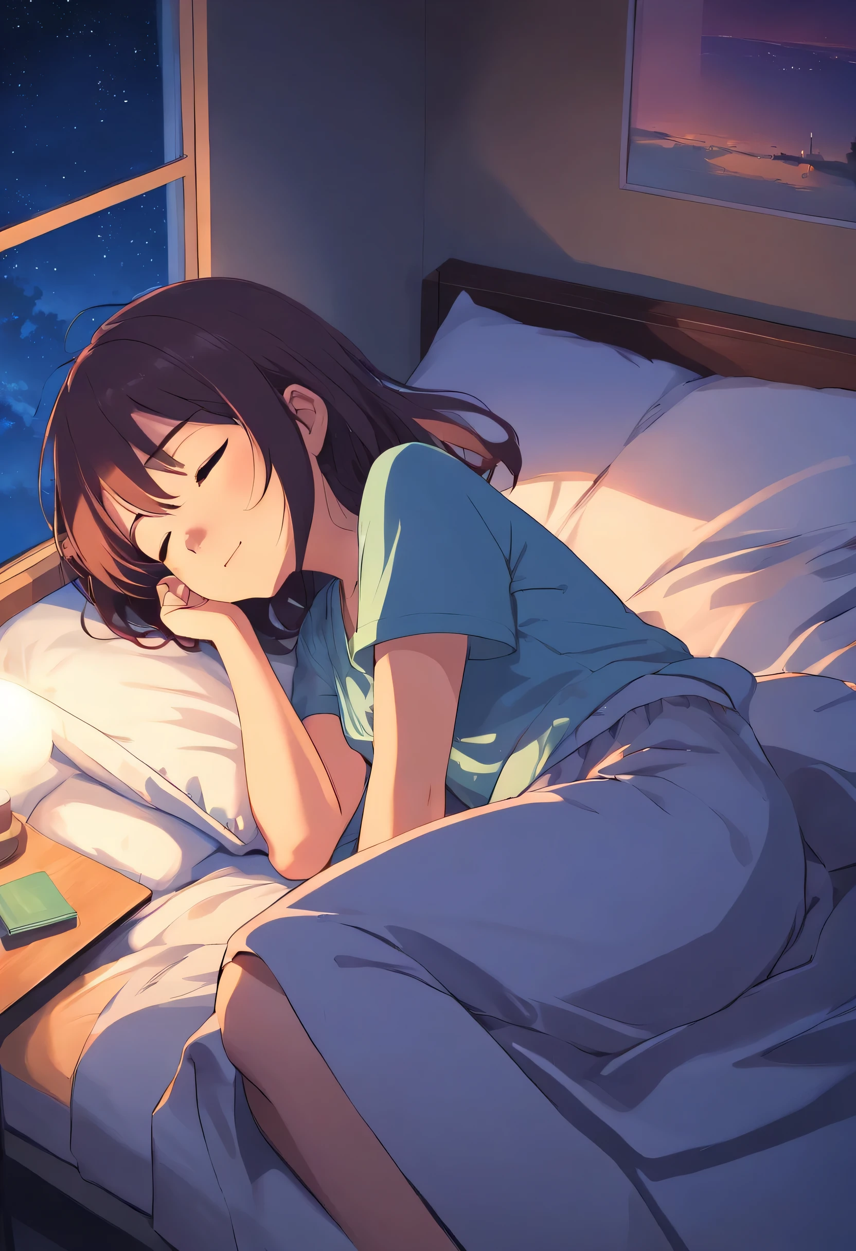 highest quality,Anime girl lying in bed sleeping, Dimly lit bedroom, A lovely starry sky view from the window,Dreamy illustration, quiet night, masterpiece,digital illustration, Anime Atmospheric, Atmospheric anime,Visual novel, anime girl desktop background, Soft retro lantern lighting