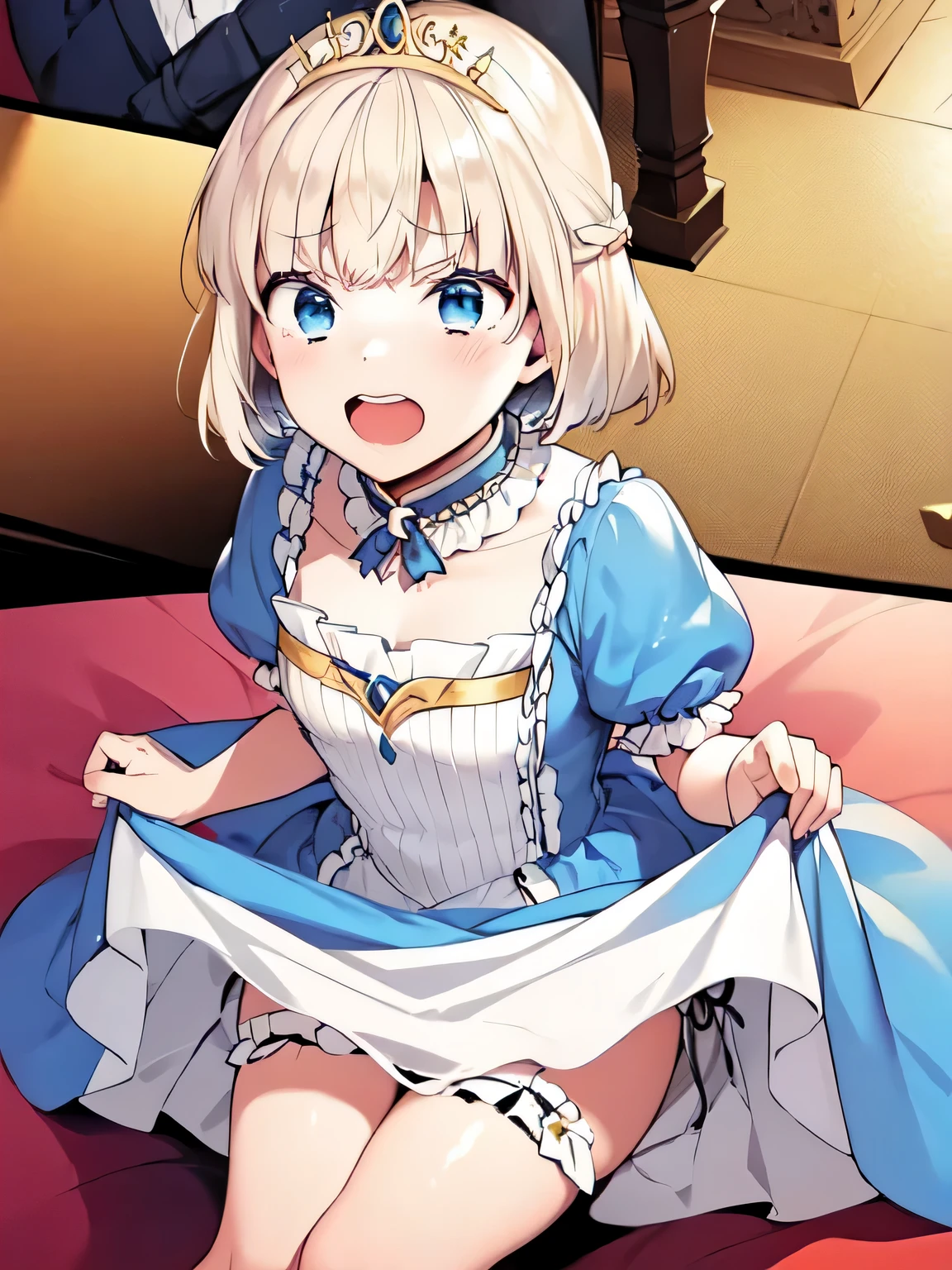 Princess Blue Dress、gold tiara、Transparent pure white skin、Glossy skin、long hair、golden hair、blue eyes、room、blush、skinny、view from below、crying face、small mouth、emphasize the muscles of the pussy、((10 years old))、(((Lift the skirt to show white panties)))