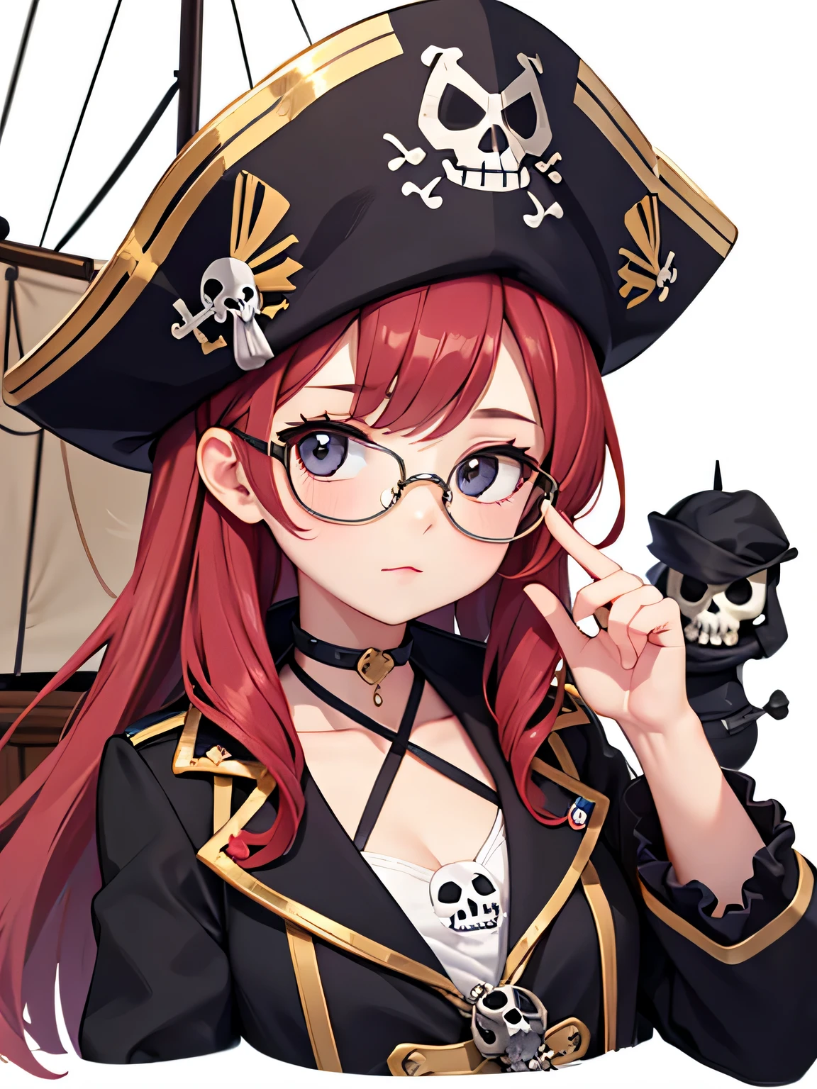 cute design, cute lovely pirate skull, focus on the face, stylish glasses, Fashionable hats, pirate ship, highest quality