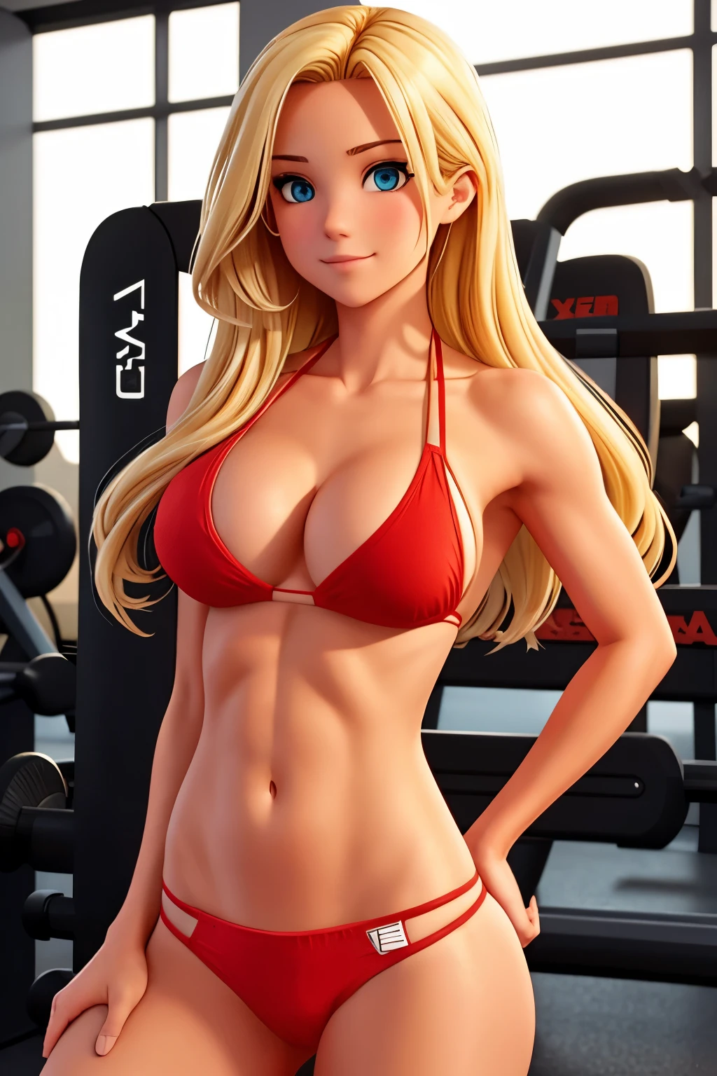 A sexy girl with blonde hair, she is in the gym, she is wearing a red bikini