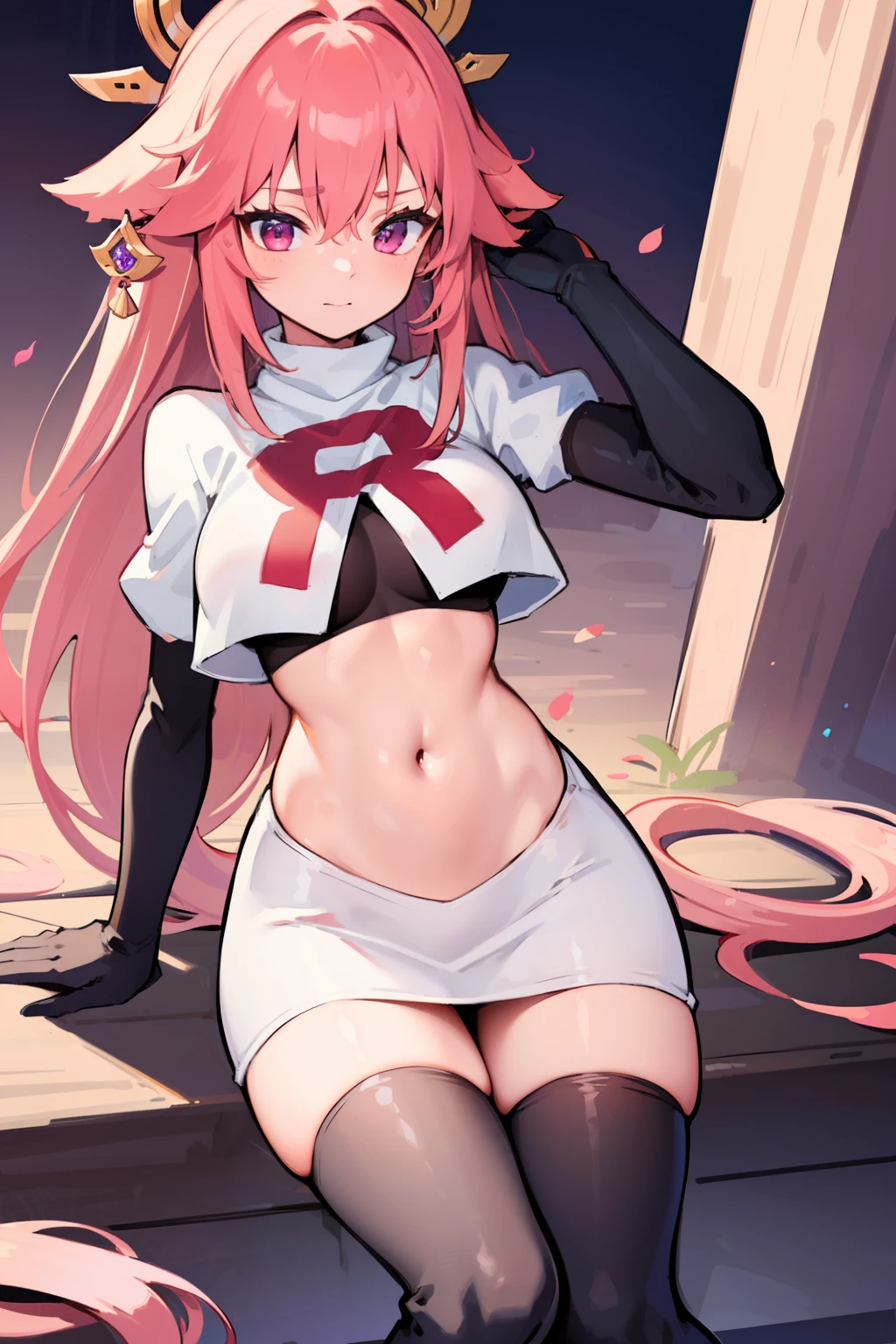 ((masterpiece, best quality)),8k ,Yae miko,1girl, \n/, animal ears, breasts, earrings, flower, fox ears, gem, hair between eyes, hair ornament, jewelry, long hair, medium breasts, miko, pink eyes, pink flower, pink hair, purple gemstone, sidelocks,team rocket,team rocket uniform,white skirt,red letter R,crop top,black thigh-highs,black elbow gloves