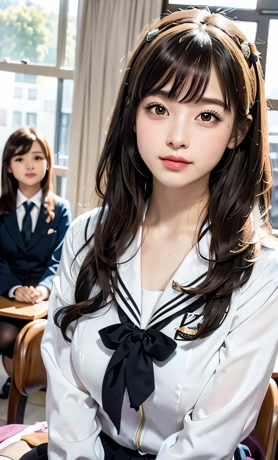 (8k, RAW photo, realistic:1.25) ,( lip gloss, eyelash, shiny face, Glossy skin, highest quality, ultra high resolution, written boundary depth, chromatic aberration, caustics, wide range lighting, natural shading,K-POPアイドル) She stares at the viewer with a calm expression, happiness like a goddess., high school classroom, sailor suit, mini skirt