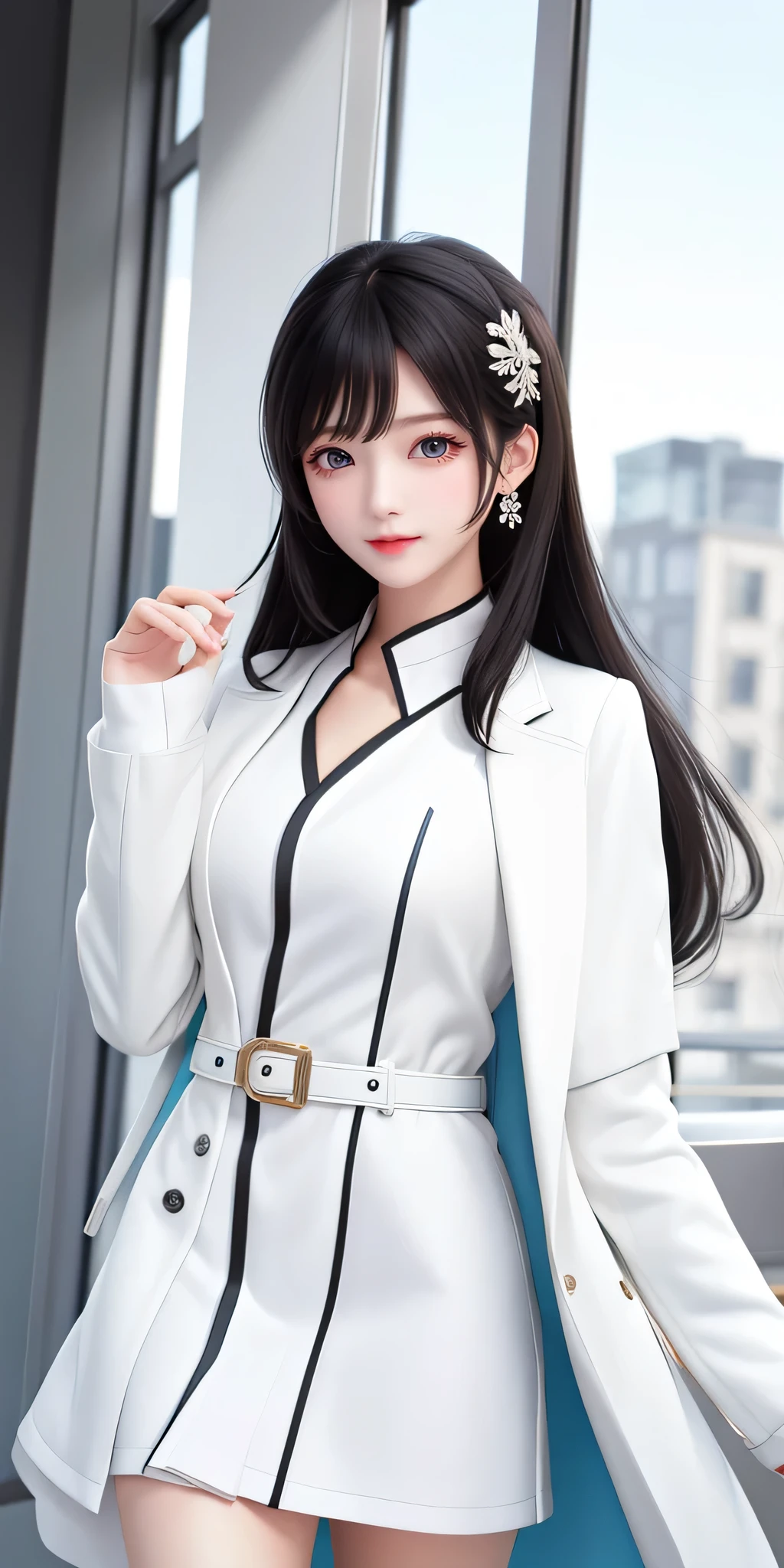A black-haired one，One meter five，bust chart，Smooth and delicate skin，high resolution，hair length，white coat，