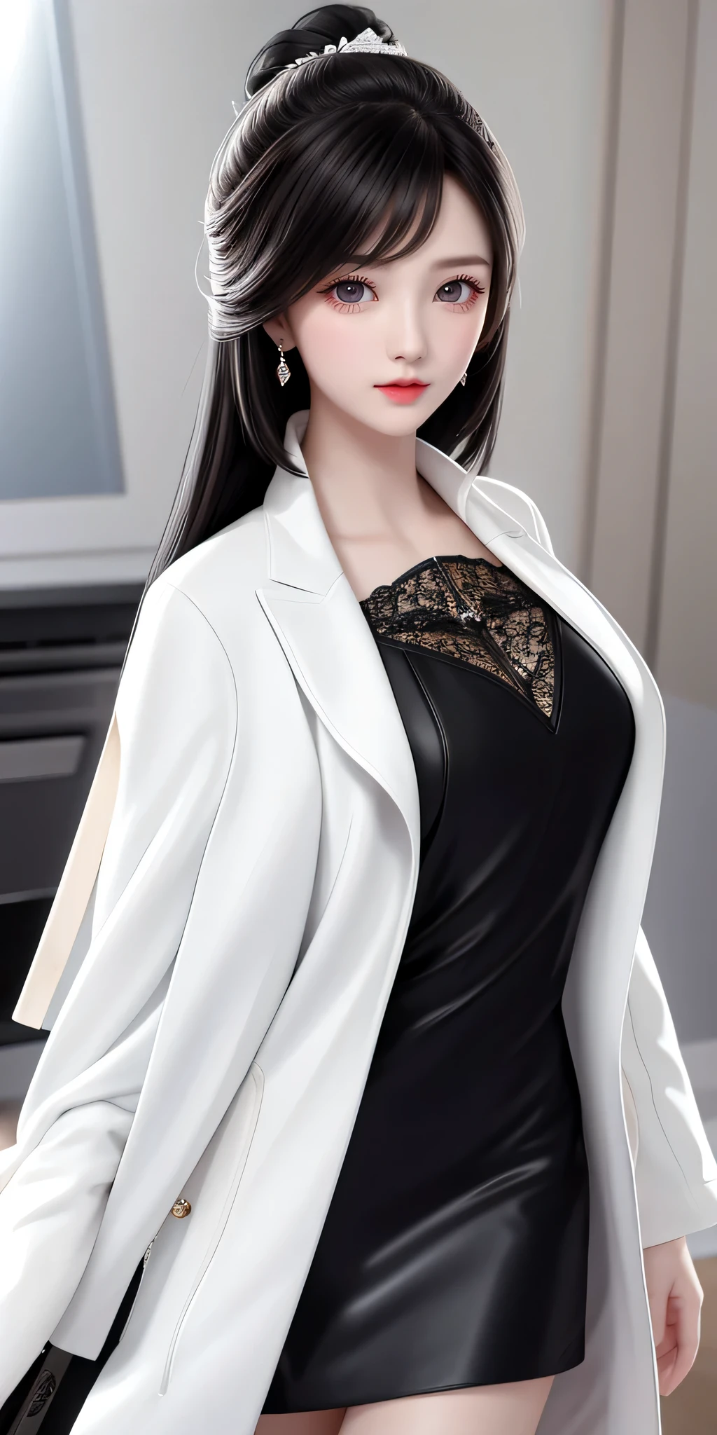 A black-haired one，One meter five，bust chart，Smooth and delicate skin，high resolution，hair length，white coat，