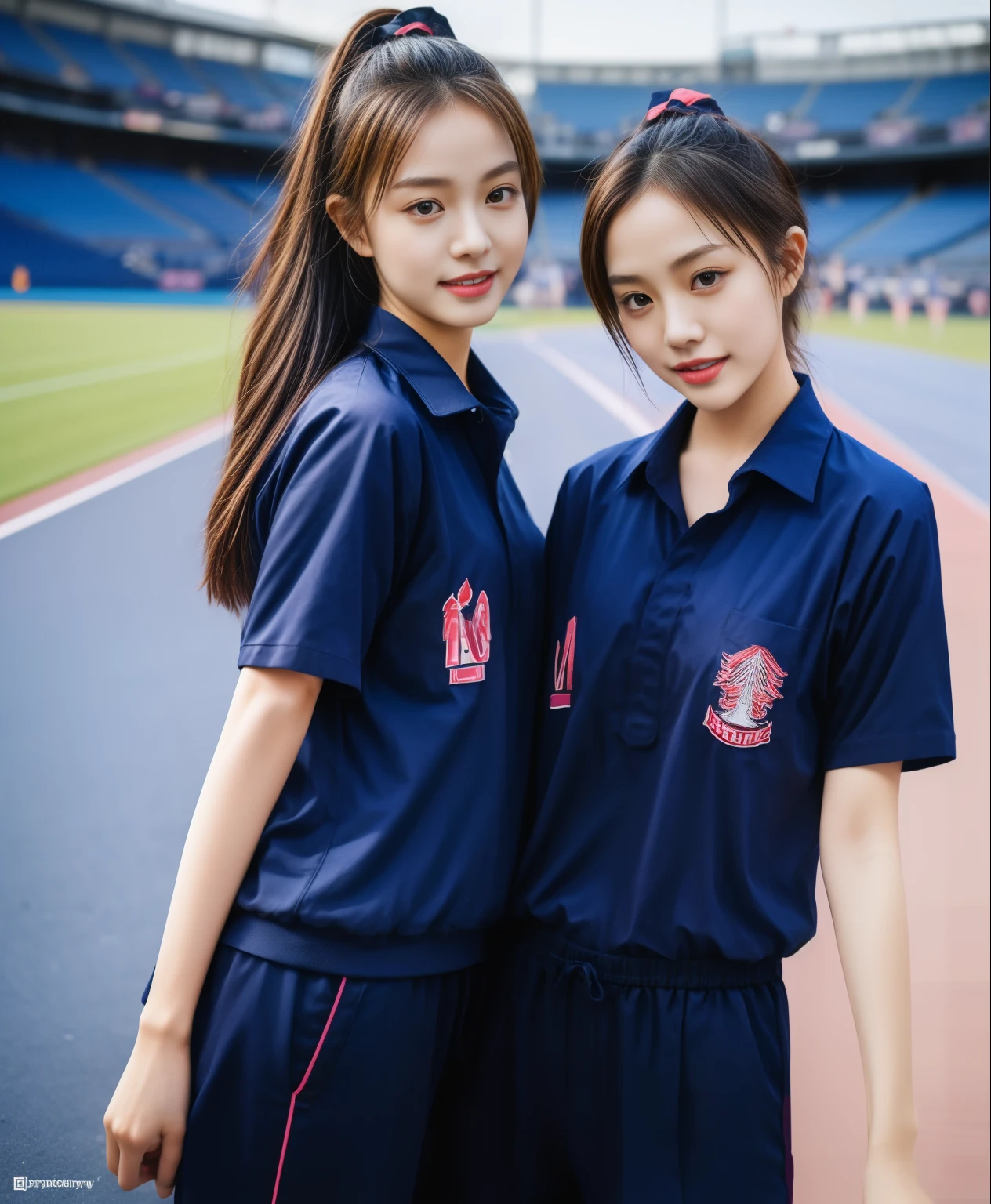 (best quality,10,10,height,Masterpiece:1.2),Special details,(realistic,ภาพrealistic,Realistic photos:1.37),1 cute girl on the football field,shiny, ผิวshiny,only,smile softly,BDclothelue shirt:1.3)),short sleeve,shirt, กางเกงขาlong.,(navy_long_track pants:1.1), ((stadium background:1.3)),Dynamic angle,excited,Face focus,dynamic poses,from behind,focus on ass,Masterpiece, best quality, ultra realistic, hyper-detail, 8K resolution, raw photos, Sharp focus, ((Navy blue shirt:1.1)), short sleeve, เส้นทางlong, perfect body, 2 mature women, 18 years old, Cinema-grade lighting system,blue sweatpants,shirtผ้าออกกำลังกาย,correct anatomy,perfect body, correct body, Sharp face, correct bodyทางกายวิภาค, full body, realistic gestures, long-haired, realistic poses,Wear long shorts................................,ช่วงขาlong,Good shape,carved girl, Slender figure, model, Good shape, beautiful body,blue sweatpants, two girls kissing