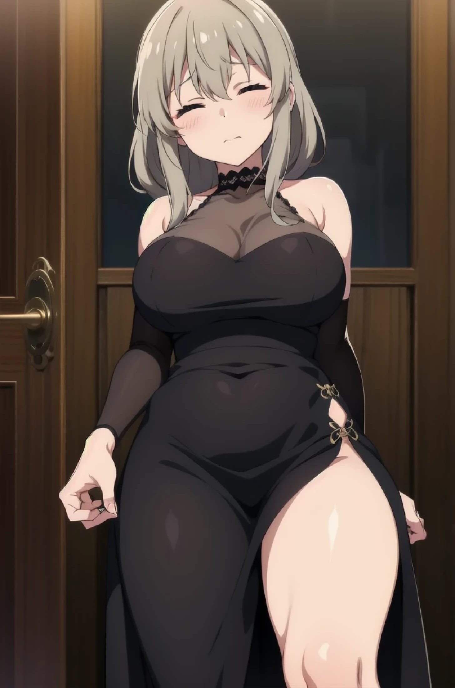 uzaki tsuki, closed eyes, large breasts, solo, wearing a goth dark dress,