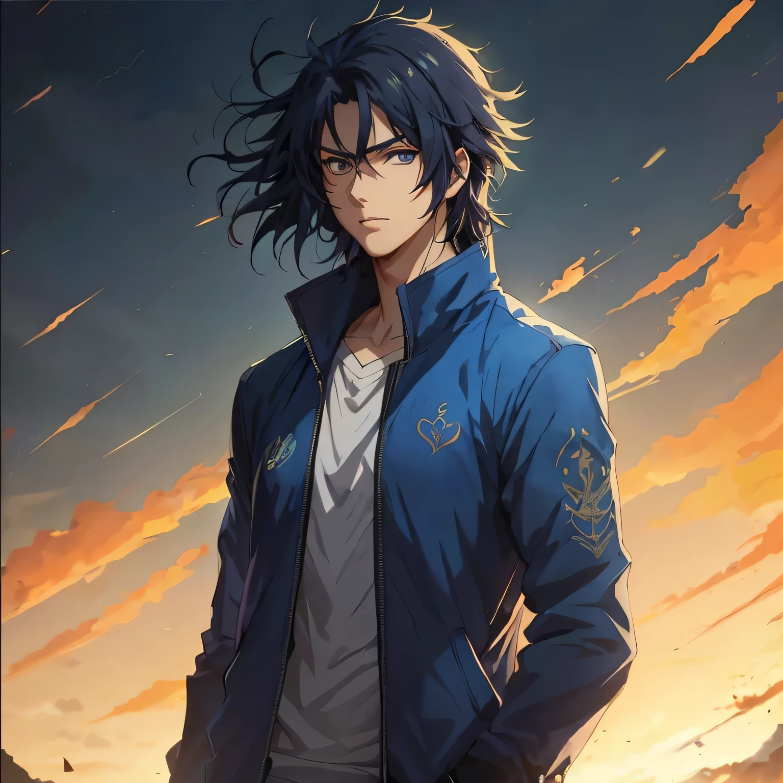 anime - style image of a man in a blue jacket in front of the sunset, Homem bonito de anime, badass anime 8 k, handsome guy in demon slayer art, Storm-Blessed Kaladin, cara de anime alto com olhos azuis, Retrato de anime de um homem bonito, jovem anime homem, arte detalhada de personagem de anime, bela pose de anime, personagem de anime masculino