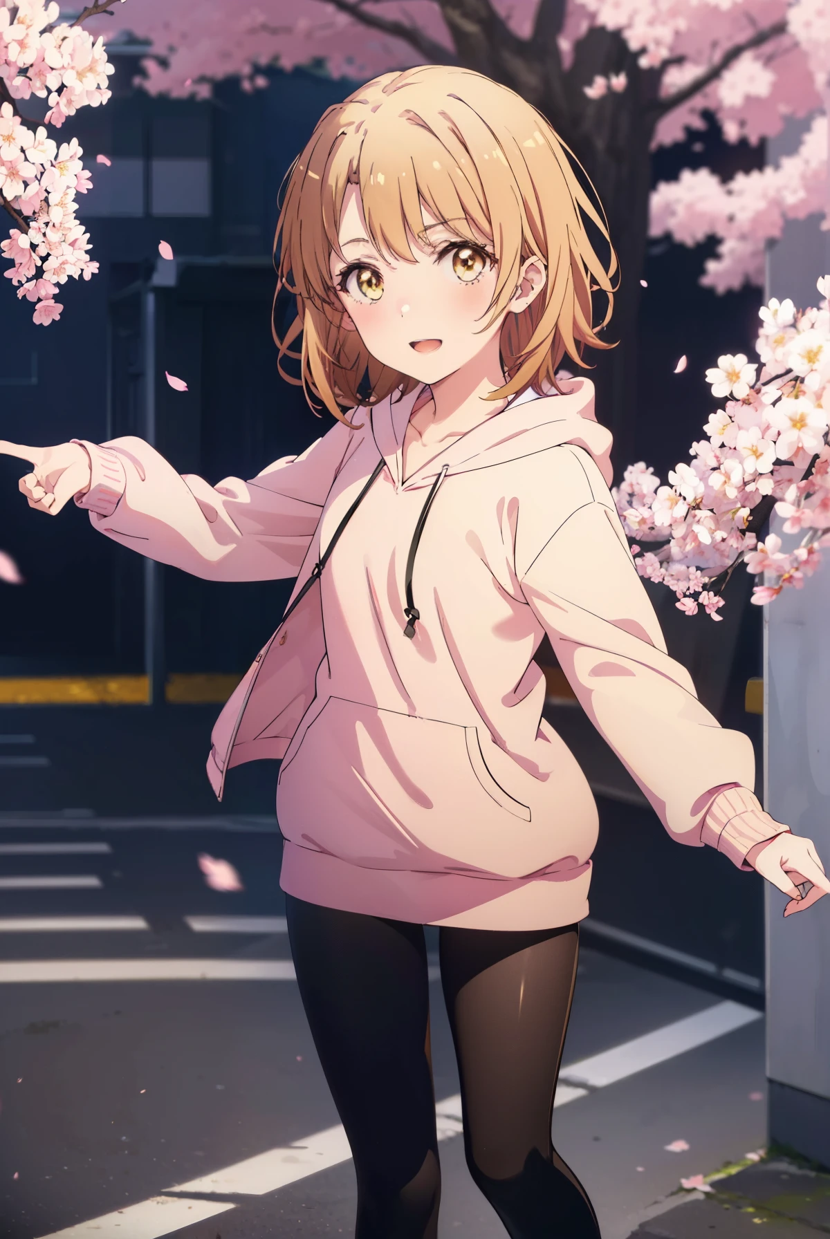 irohaisshiki, iroha isshiki, short hair, brown hair, (brown eyes:1.5), blush,smile,open your mouth,put a peace sign on your cheek,tilt one's face, 1 girl,towards the camera,Pink hoodie wearing a hood,short denim pants,black tights,short boots,standing with one's back against the wall、cherry blossoms are blooming,Cherry blossoms are scattered,
break indoors, Cherry blossom tree-lined path,
break looking at viewer,
break (masterpiece:1.2), highest quality, High resolution, unity 8k wallpaper, (figure:0.8), (detailed and beautiful eyes:1.6), highly detailed face, perfect lighting, Very detailed CG, (perfect hands, perfect anatomy),